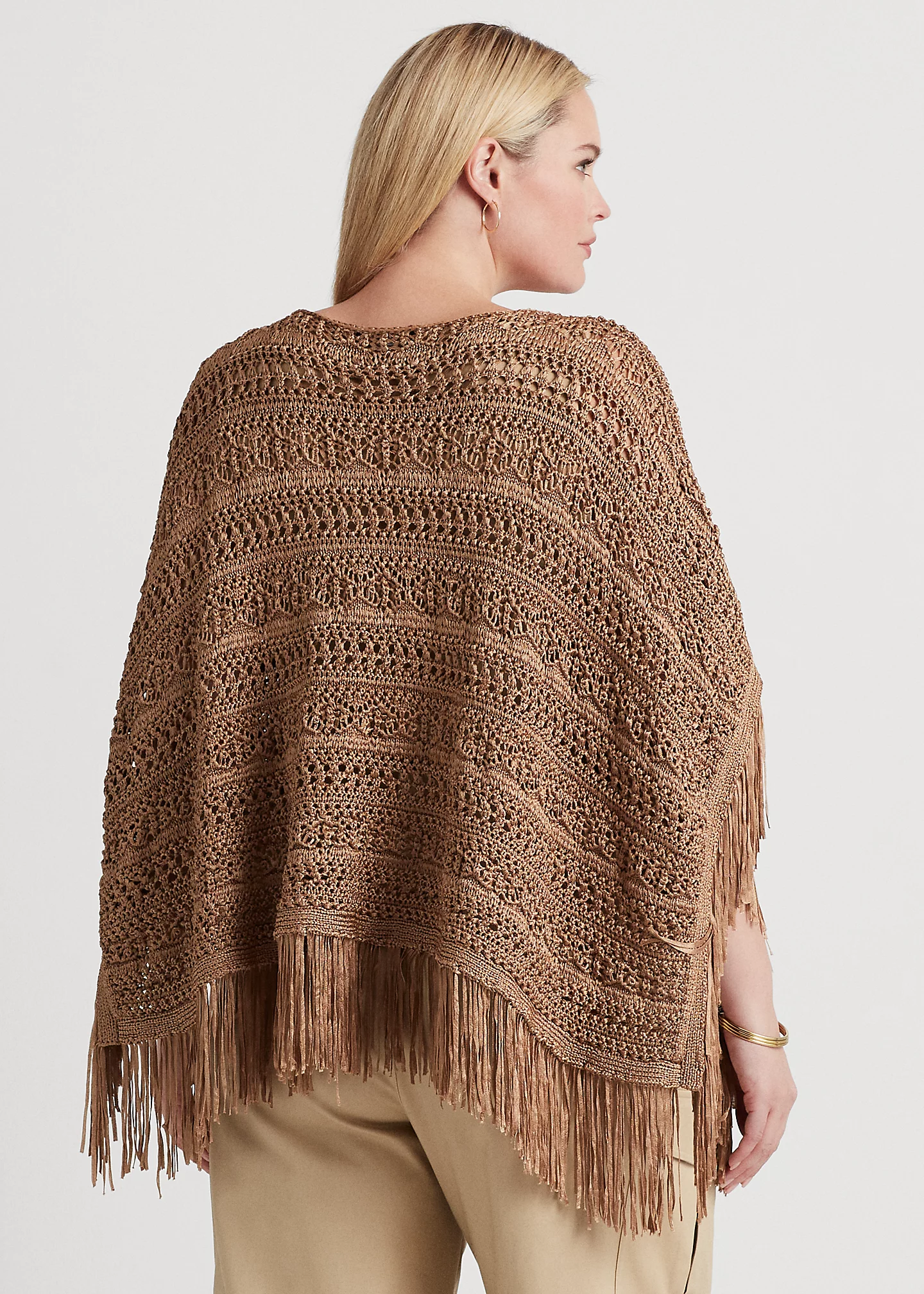 Fringe-Trim Pointelle-Knit Poncho