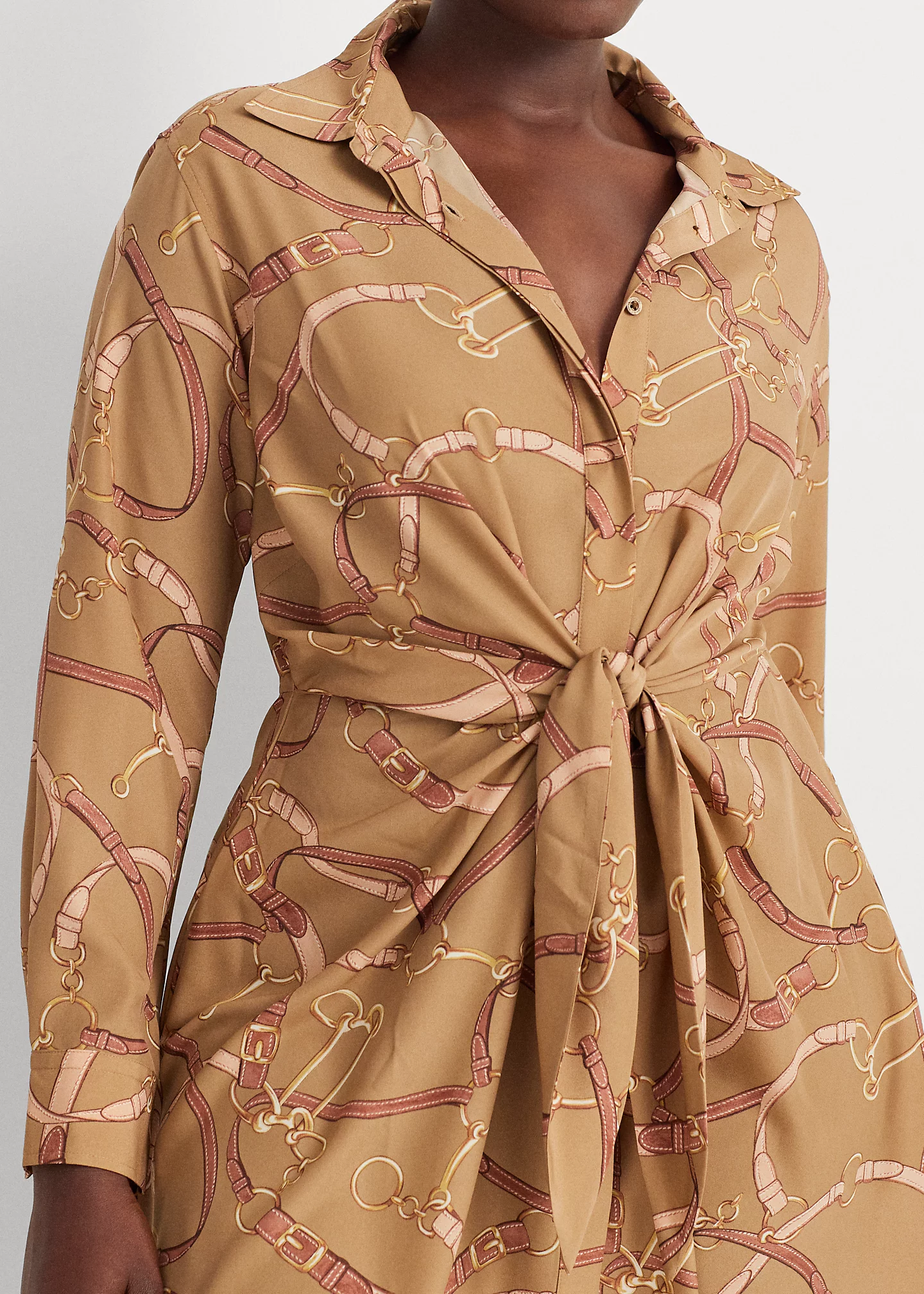 Belting-Print Tie-Front Crepe Shirtdress