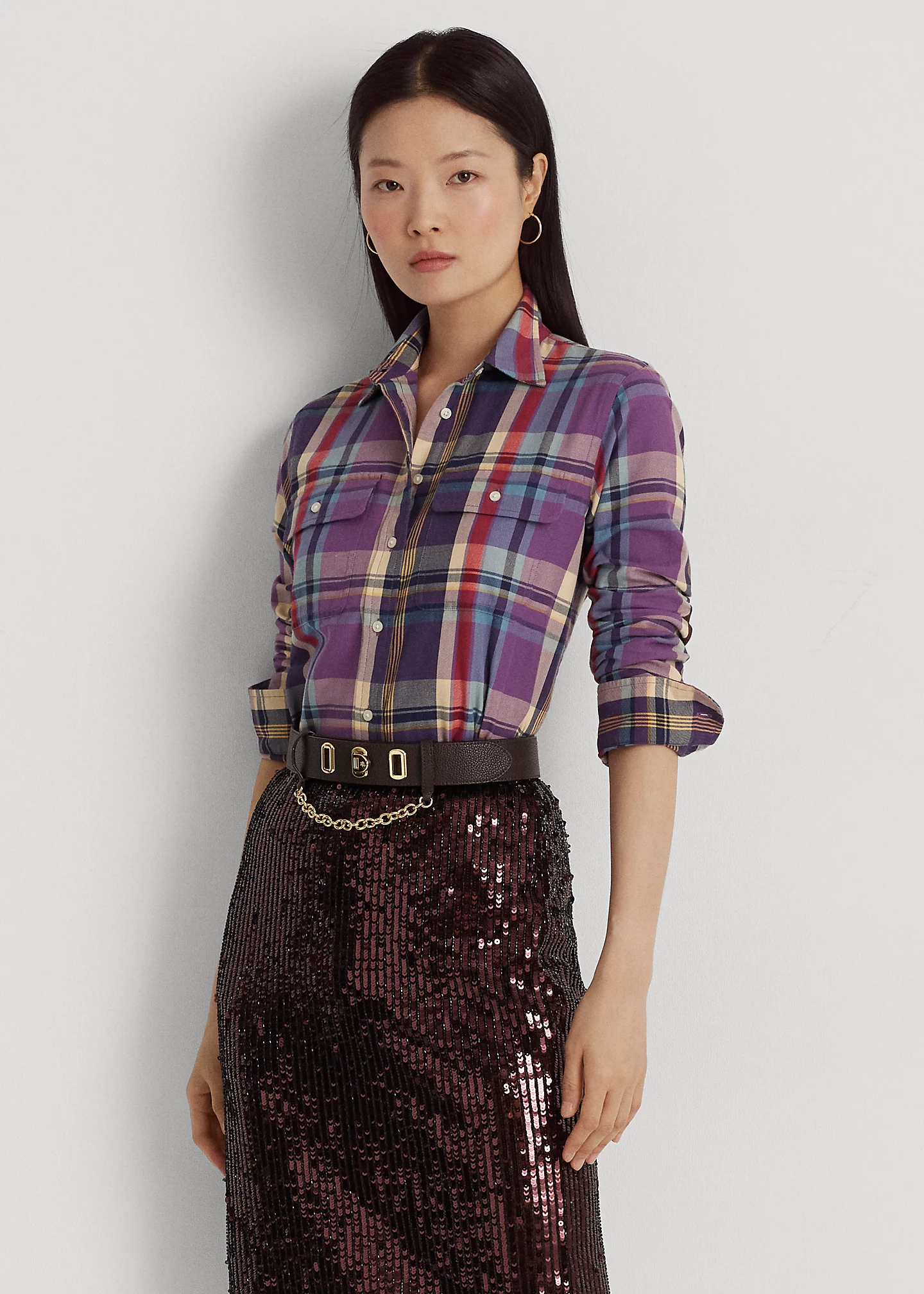 Plaid Suede-Trim Cotton Twill Shirt