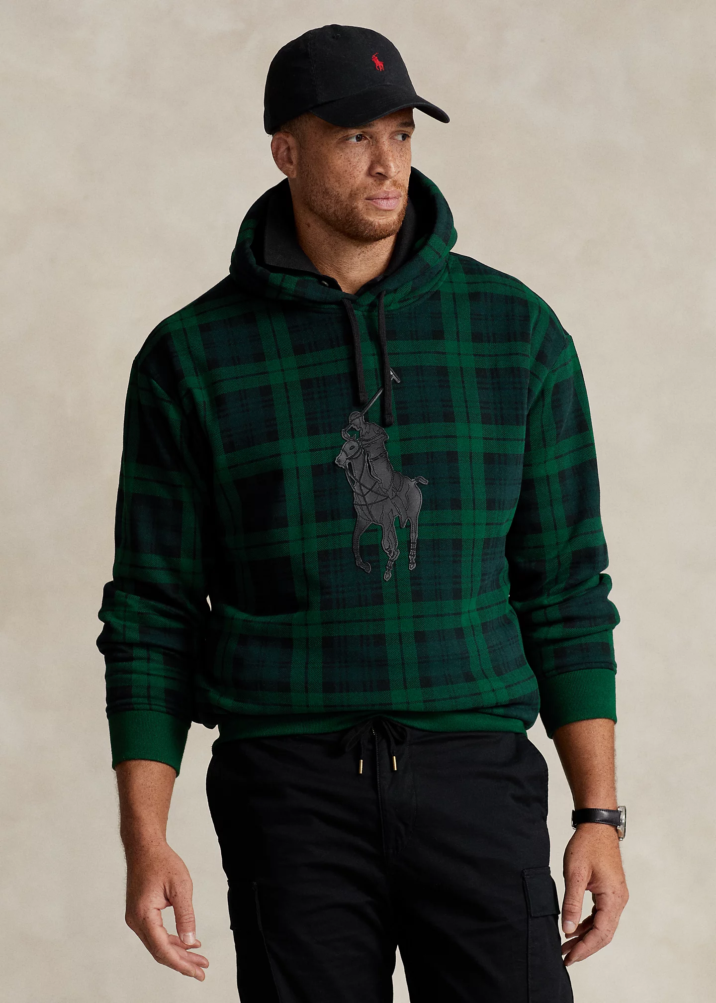 Leather-Pony Plaid Fleece Hoodie