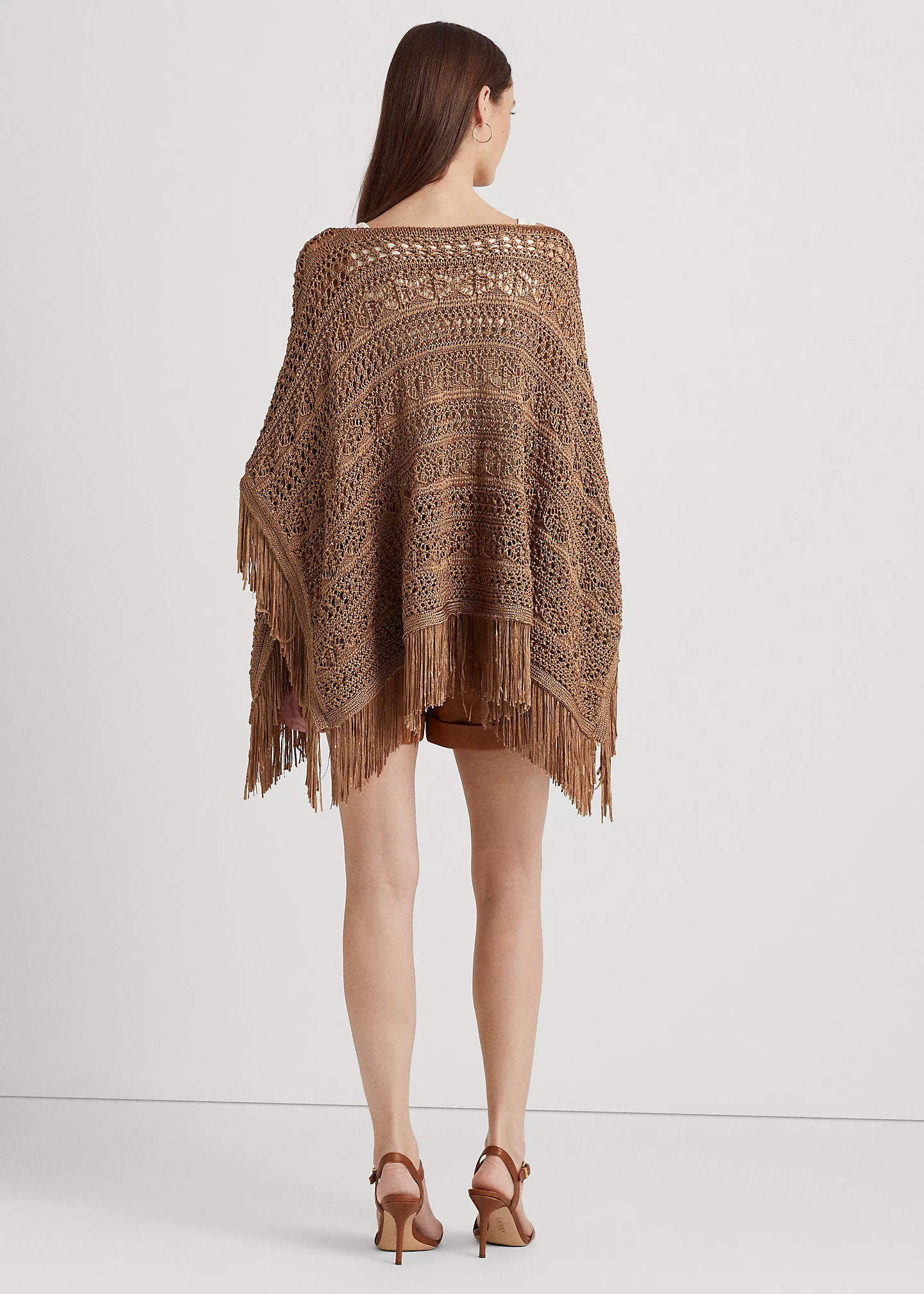 Fringe-Trim Pointelle-Knit Poncho