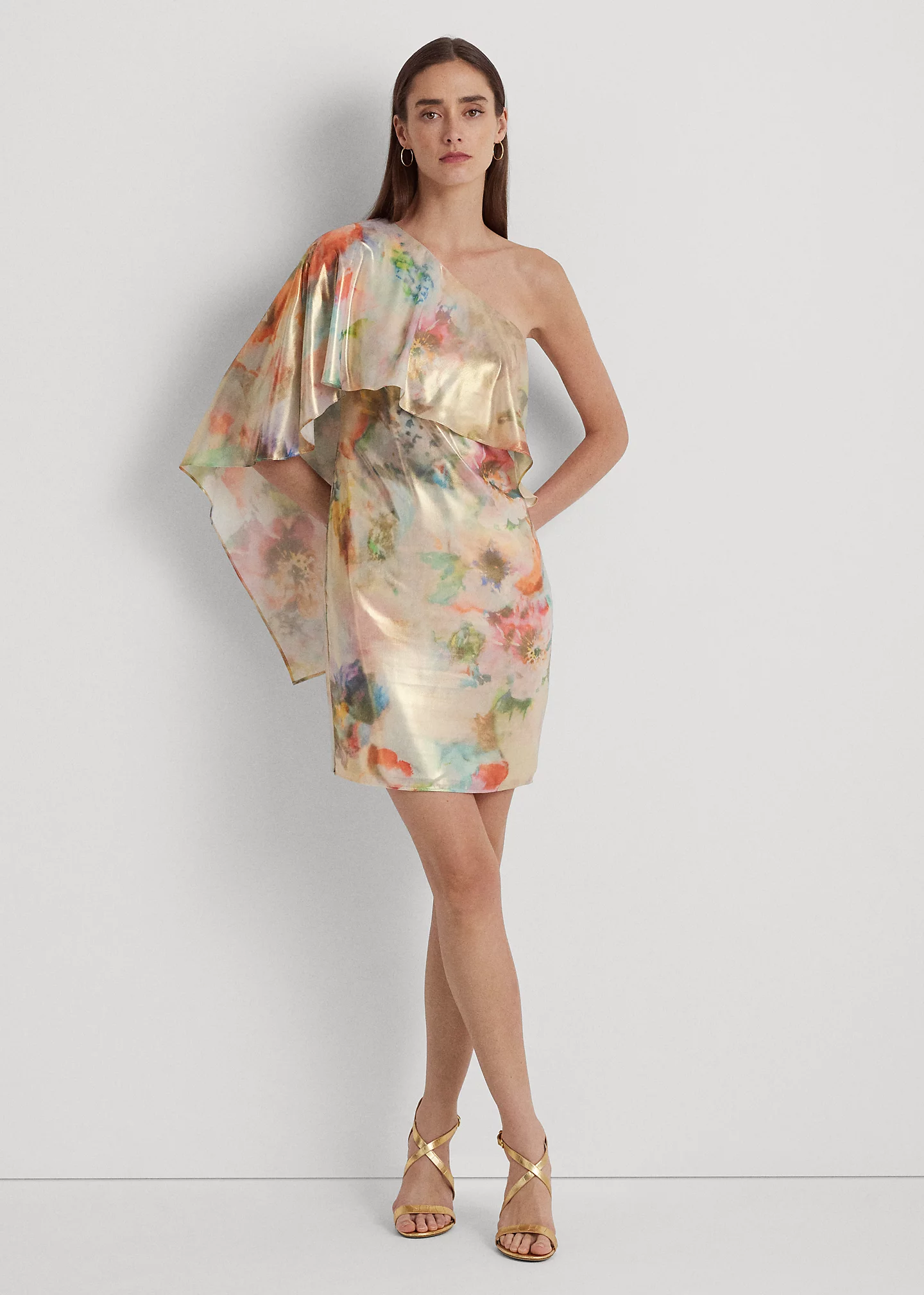 Floral One-Shoulder Cape Cocktail Dress