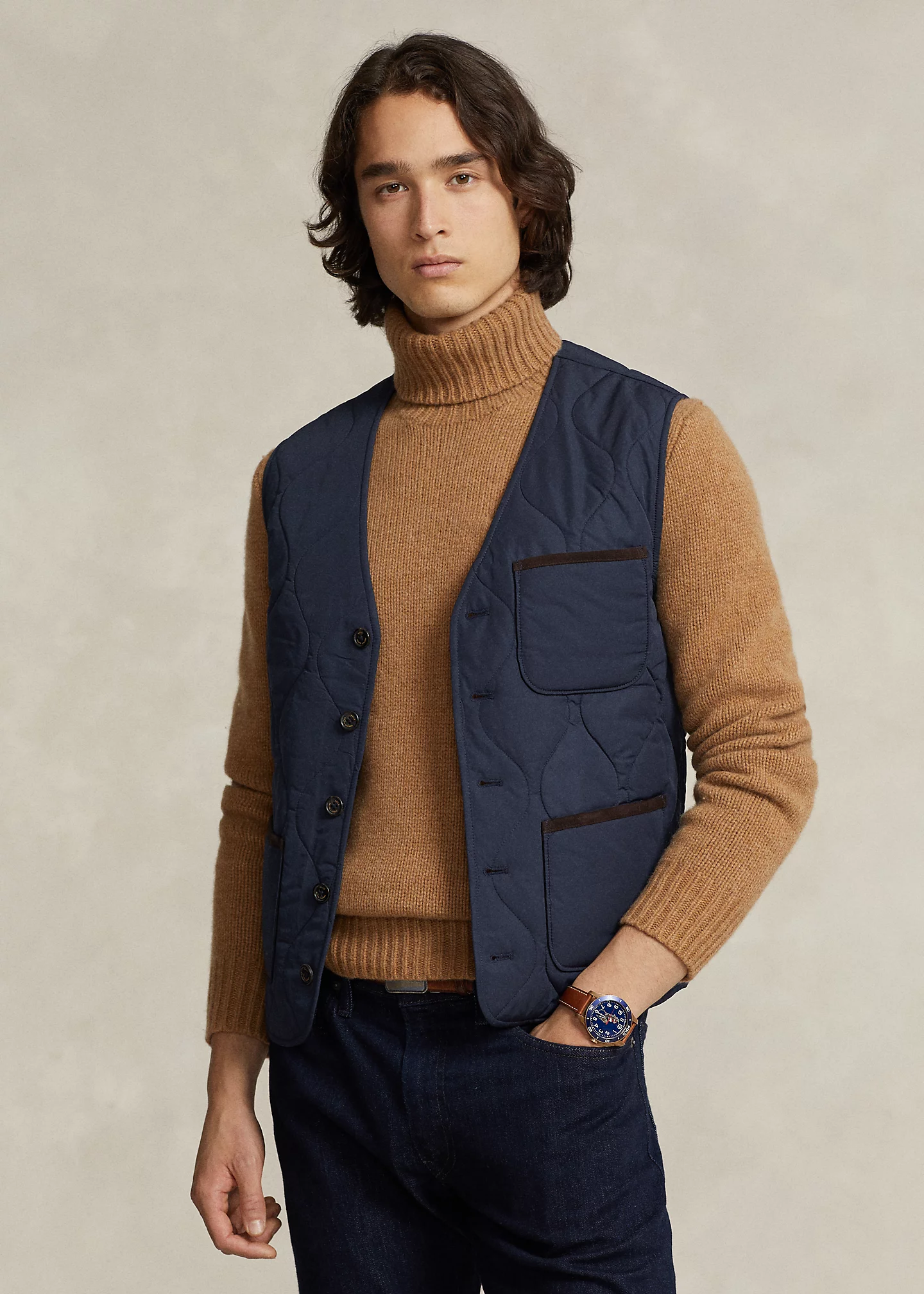 Suede-Trim Quilted Vest