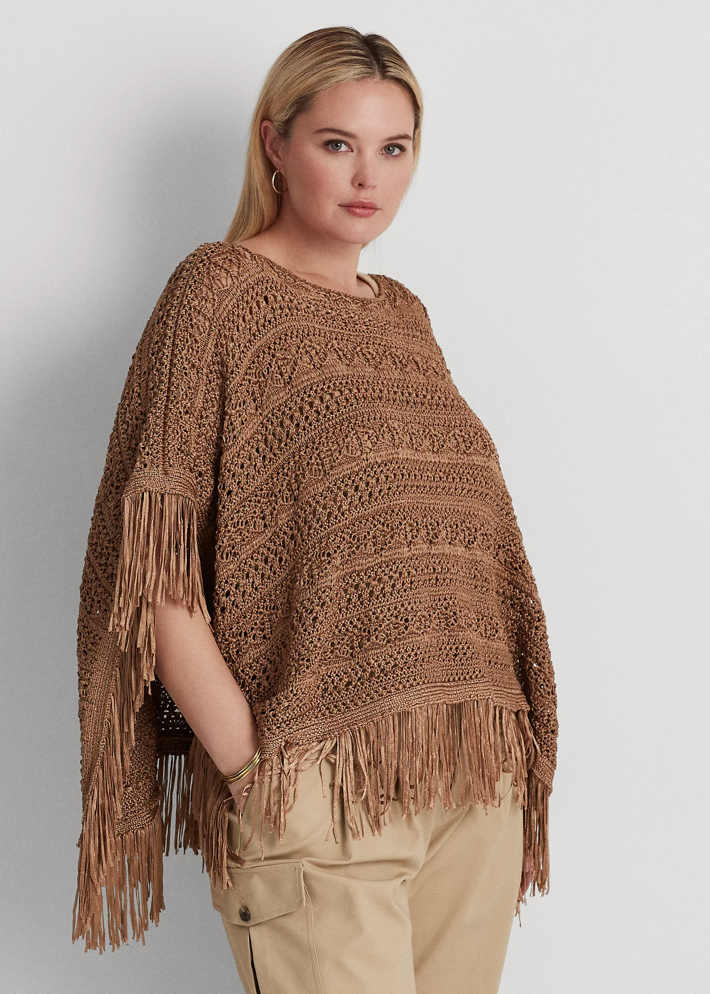 Fringe-Trim Pointelle-Knit Poncho