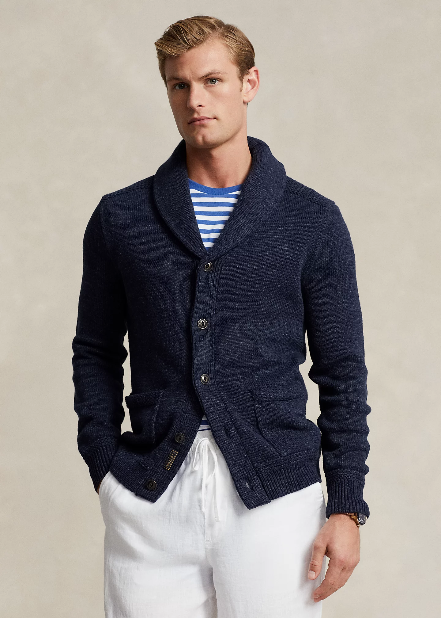 Marled Cotton Shawl-Collar Cardigan