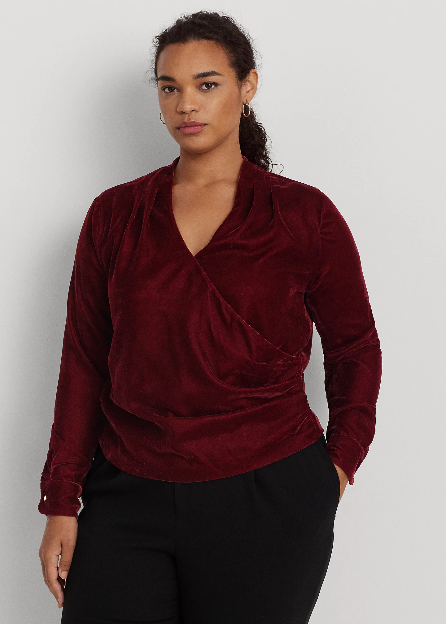 Pleated Velvet Surplice Blouse