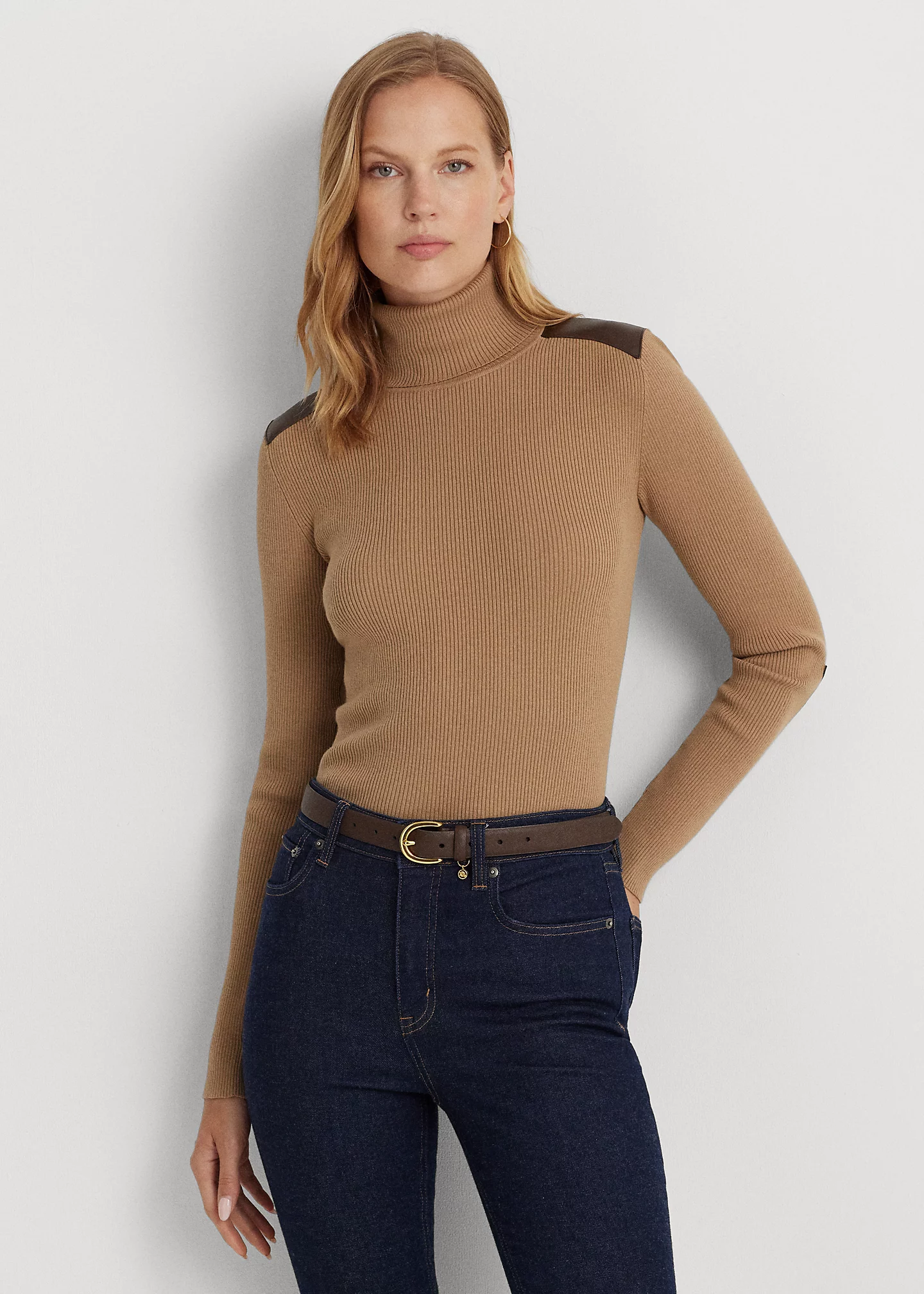 Faux-Leather-Trim Ribbed Turtleneck