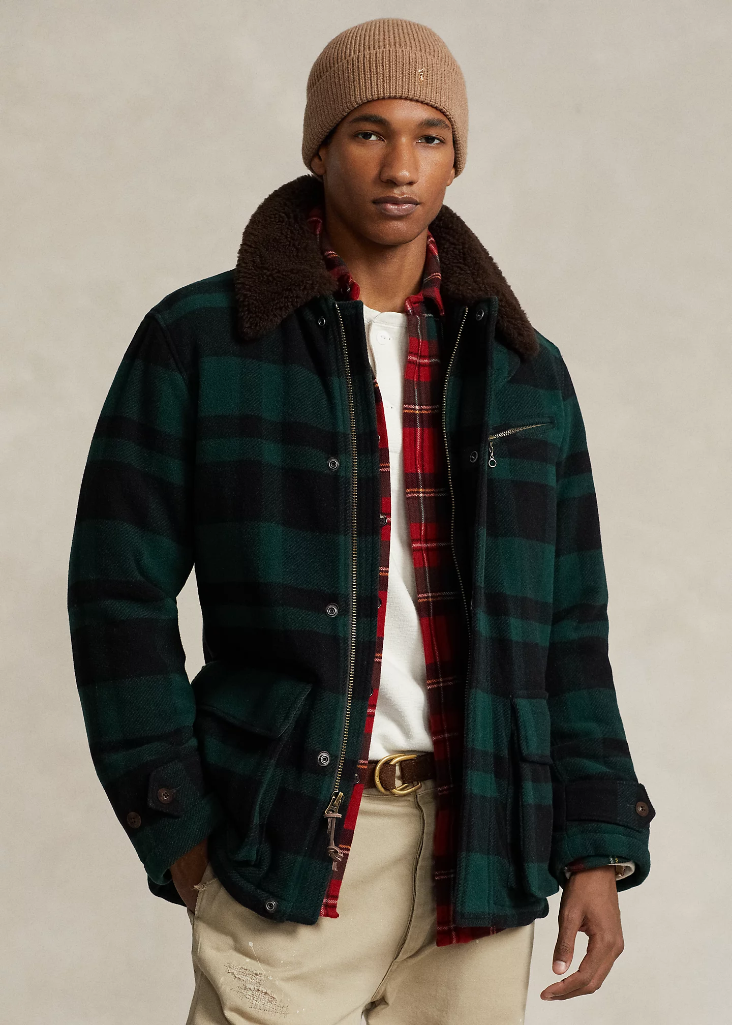 Shearling-Collar Plaid Barn Coat