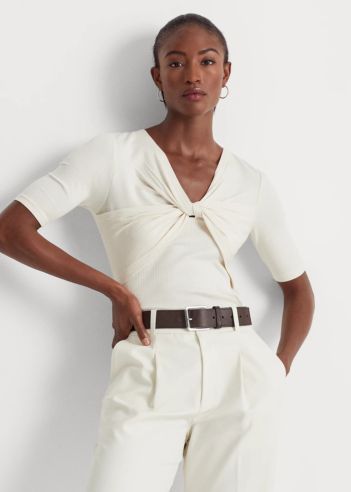 Twist-Front Rib-Knit Cotton-Blend Tee