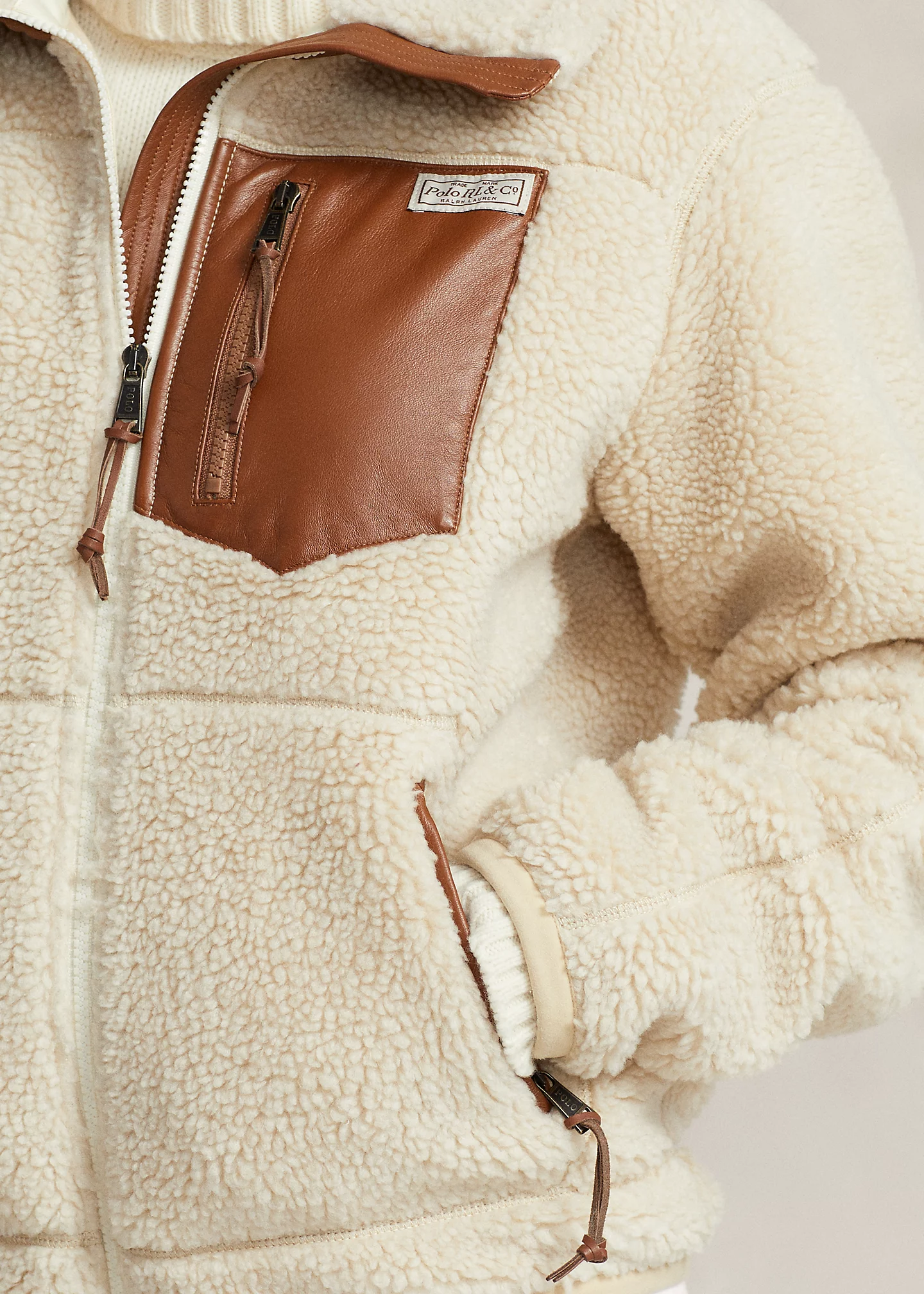 Leather-Trim High-Pile Fleece Jacket