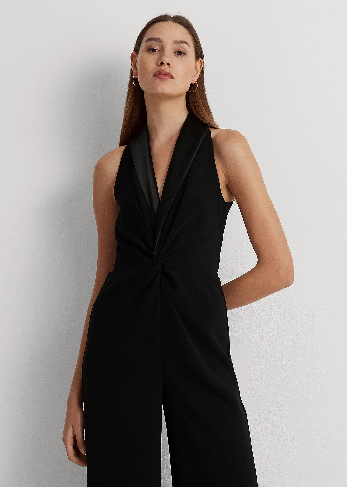 Satin-Trim Crepe Sleeveless Jumpsuit