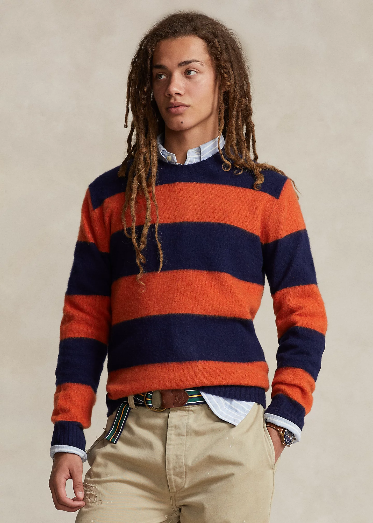 Suede-Trim Striped Wool-Cashmere Sweater