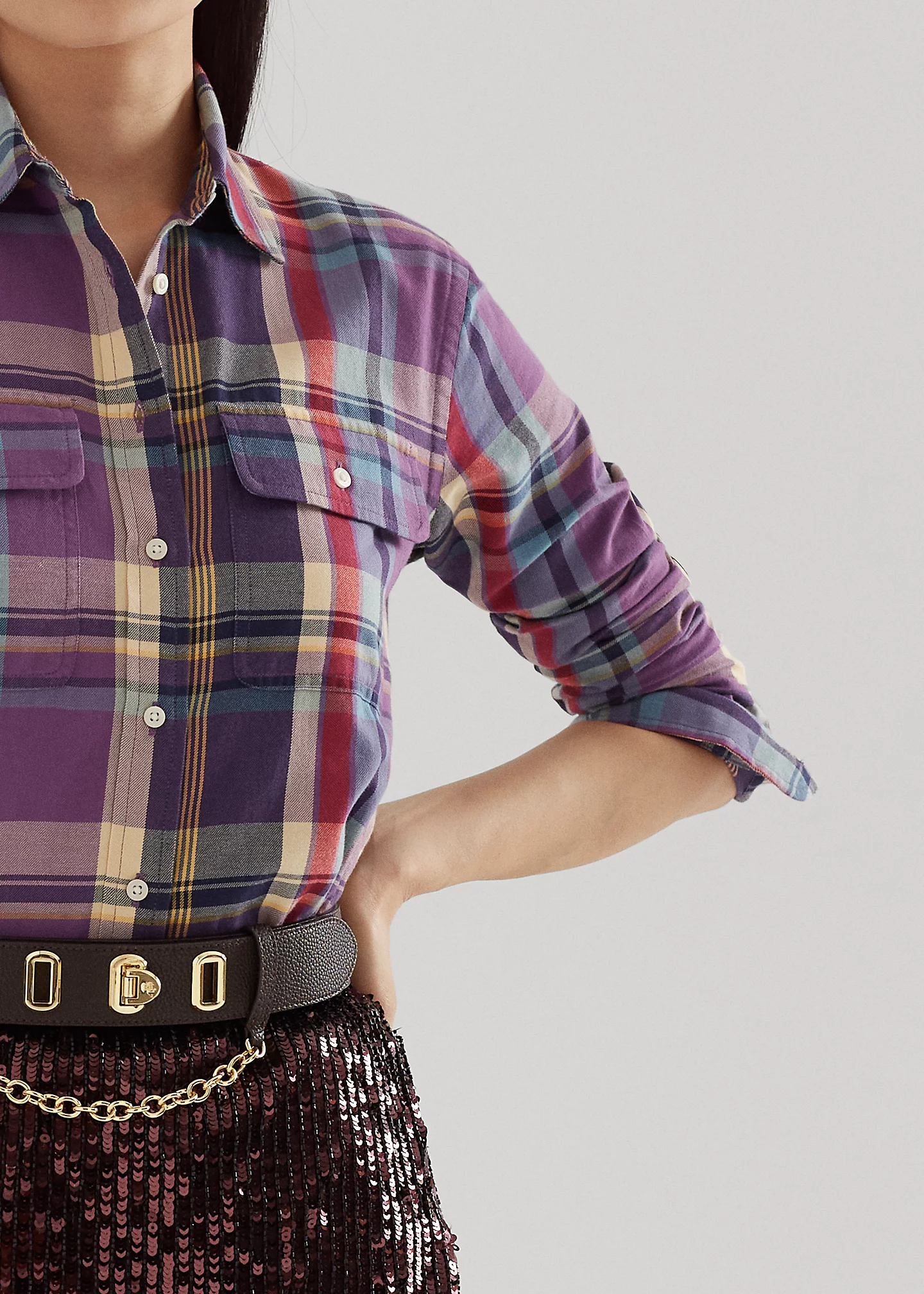 Plaid Suede-Trim Cotton Twill Shirt