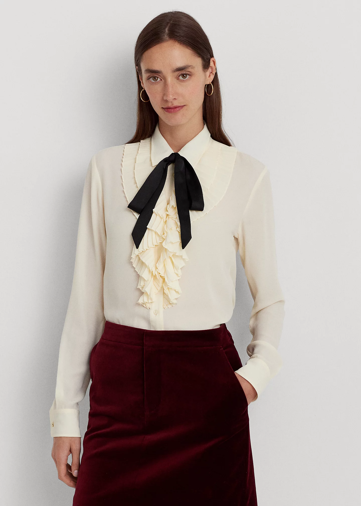 Ruffle-Trim Georgette Tie-Neck Shirt
