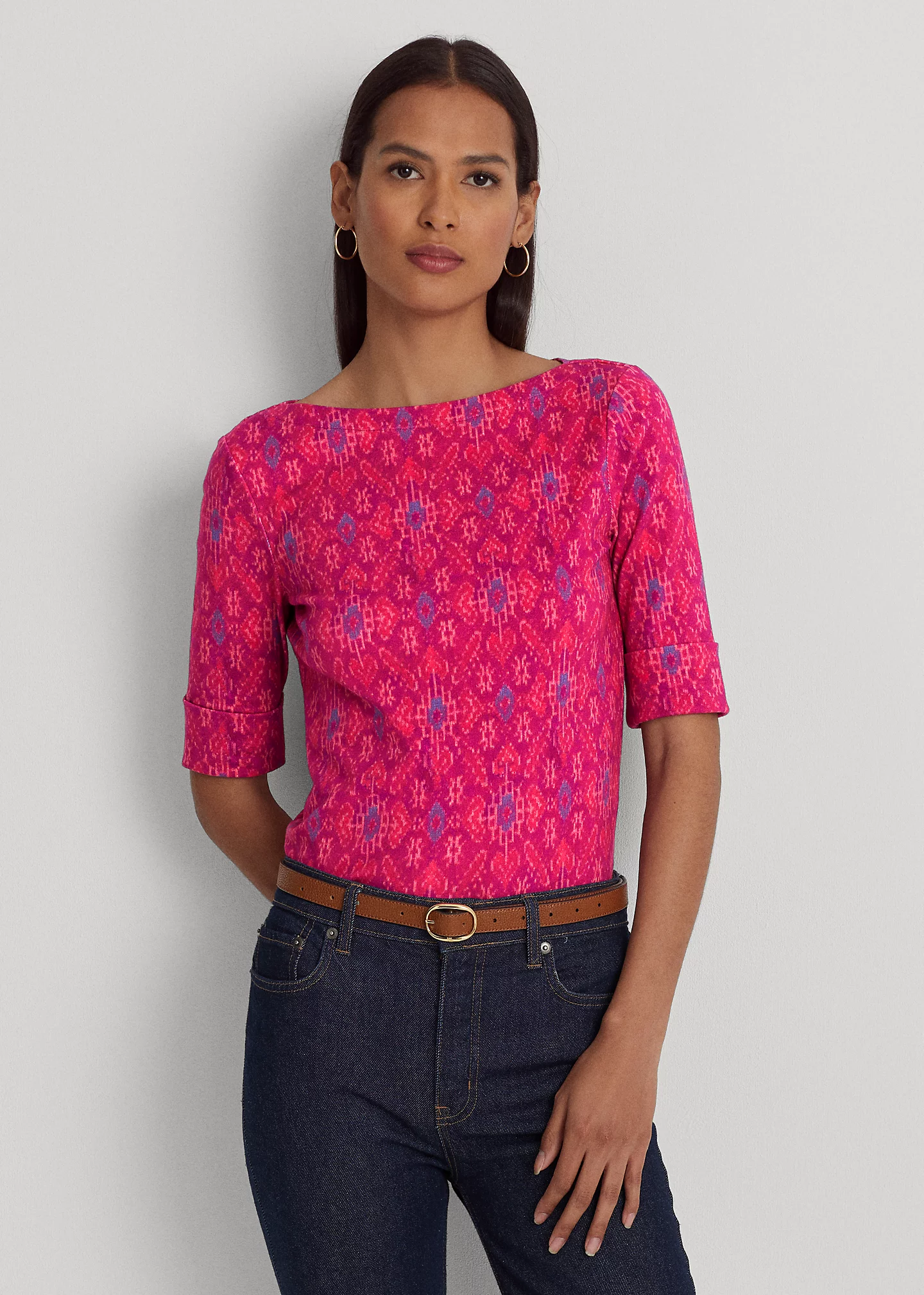 Geo-Print Stretch Cotton Boatneck Top