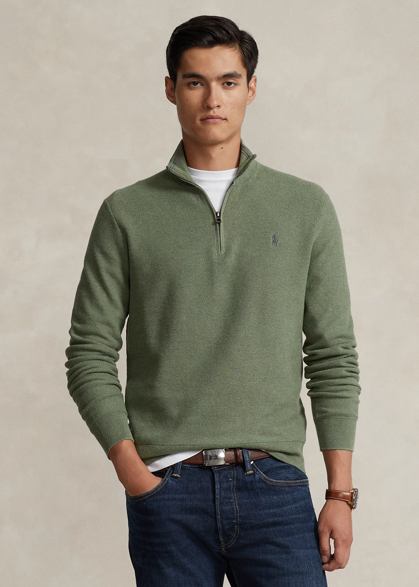 Mesh-Knit Cotton Quarter-Zip Sweater
