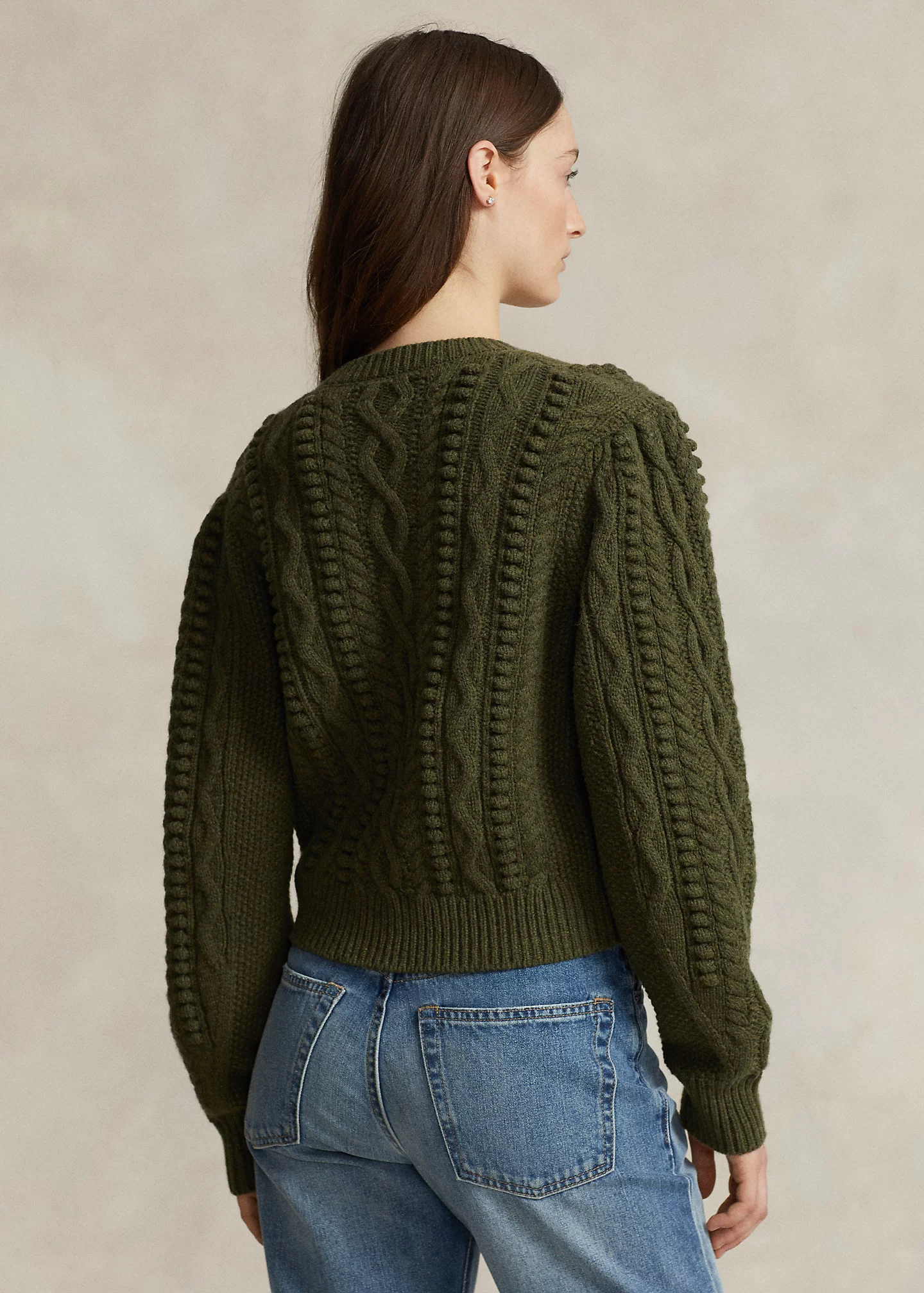 Aran Blouson-Sleeve Wool-Blend Cardigan