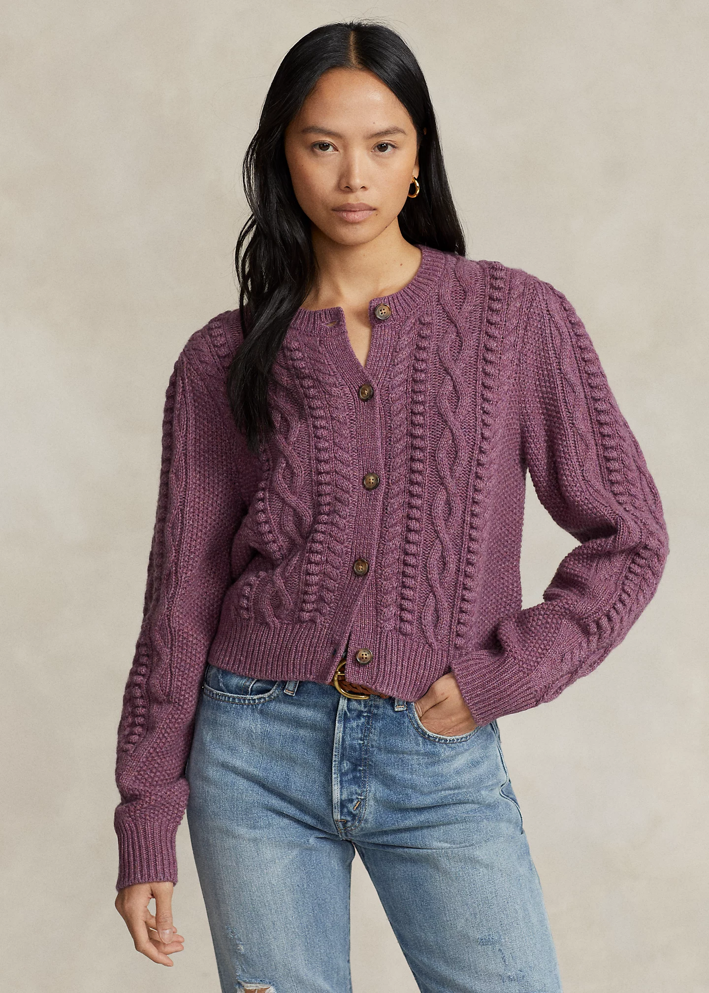 Aran Blouson-Sleeve Wool-Blend Cardigan