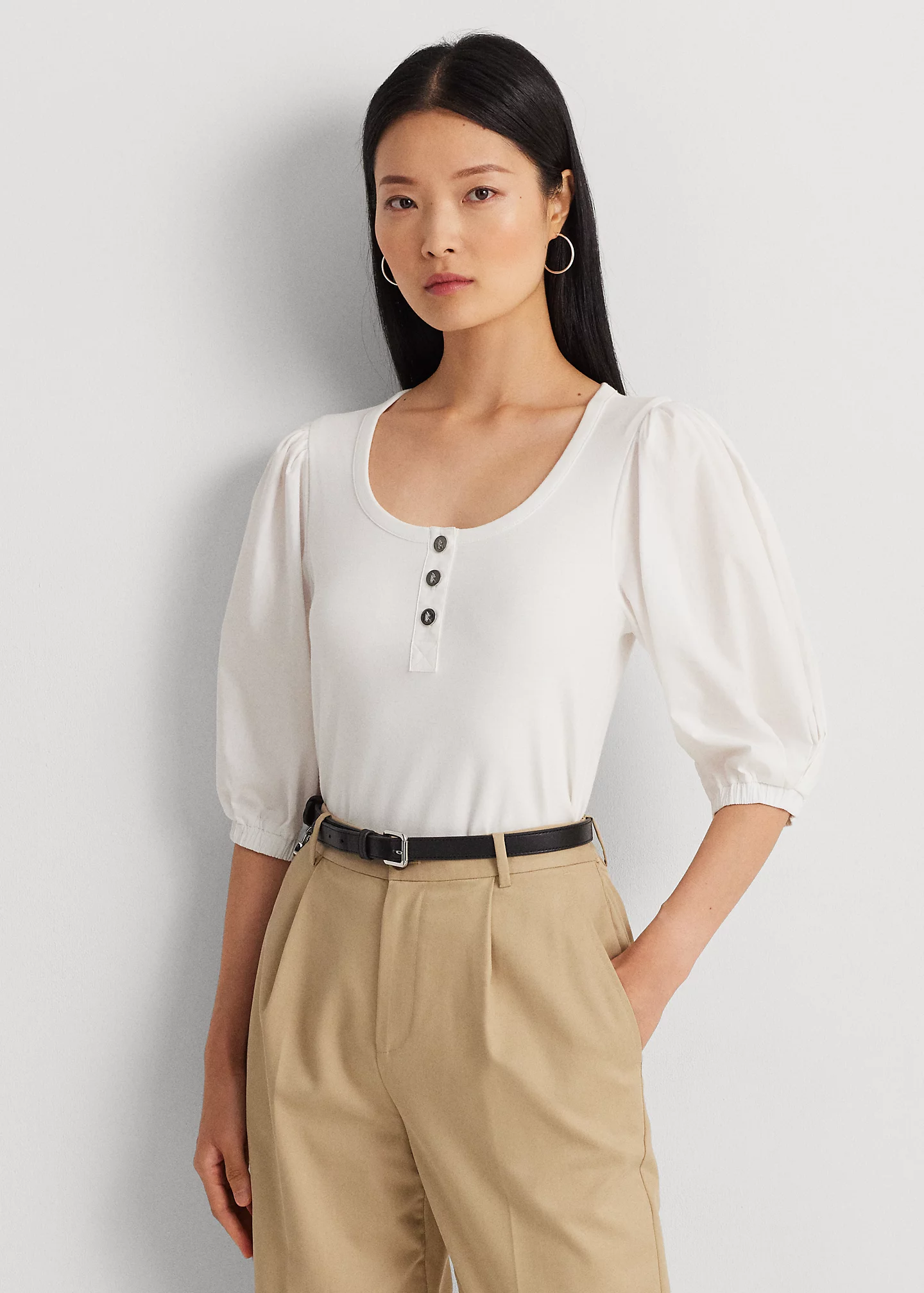 Stretch Cotton Puff-Sleeve Henley Tee