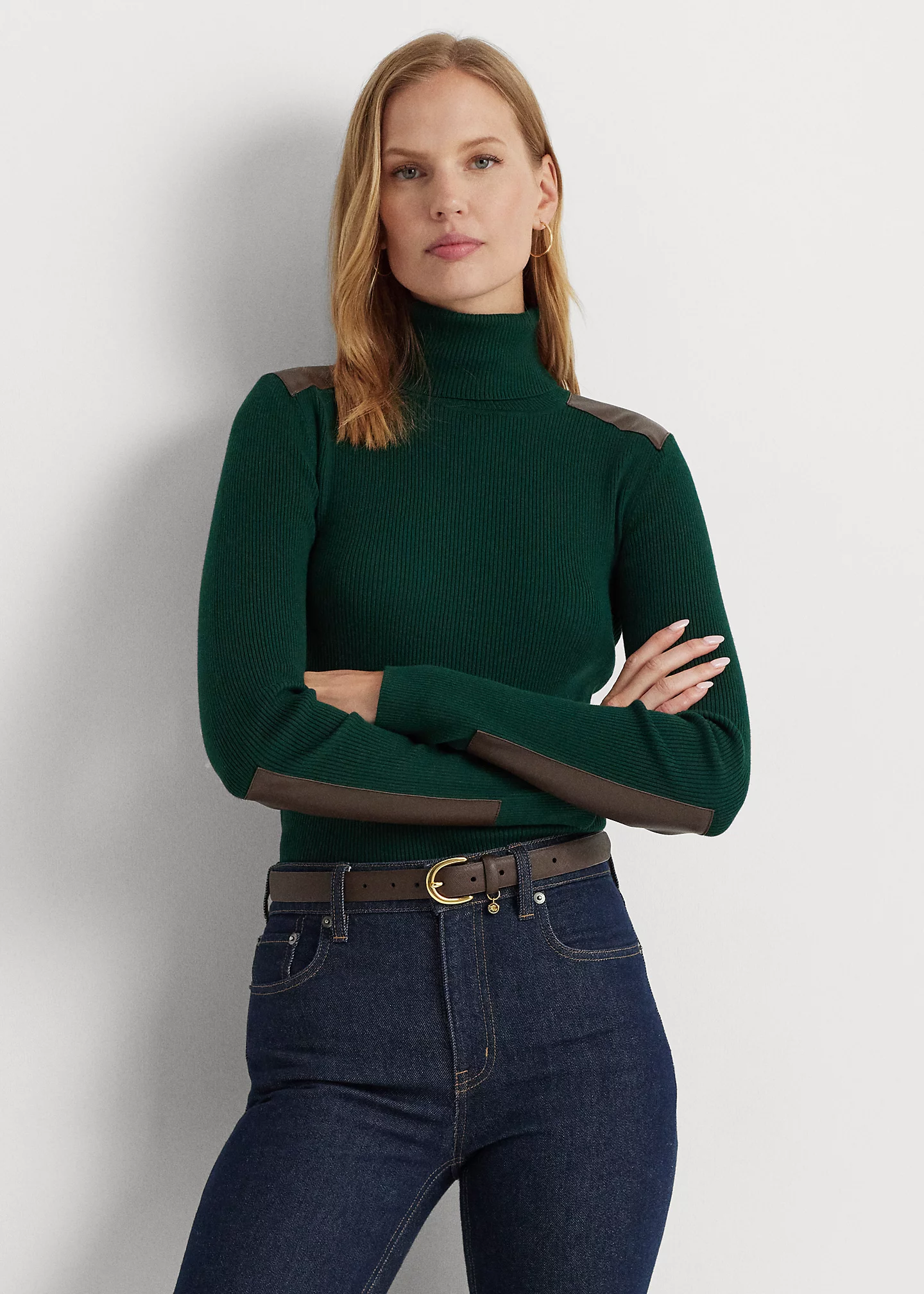 Faux-Leather-Trim Ribbed Turtleneck