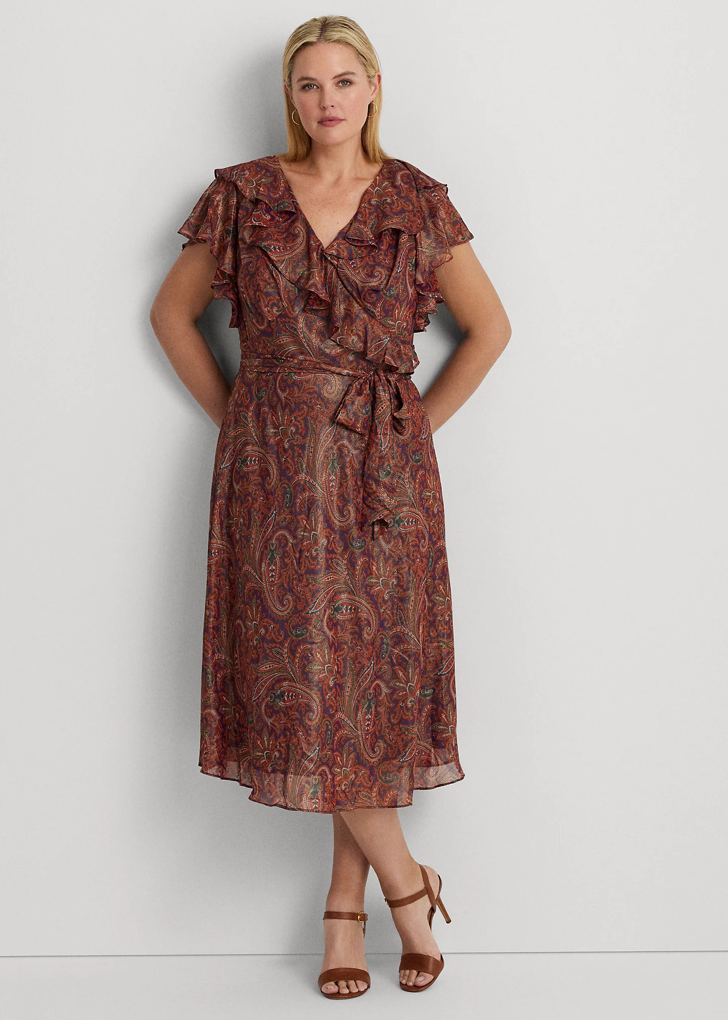 Print Ruffle-Trim Metallic Chiffon Dress