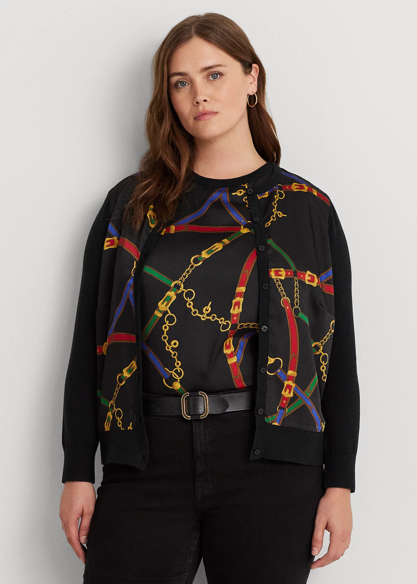 Belting-Print Twill & Jersey Cardigan