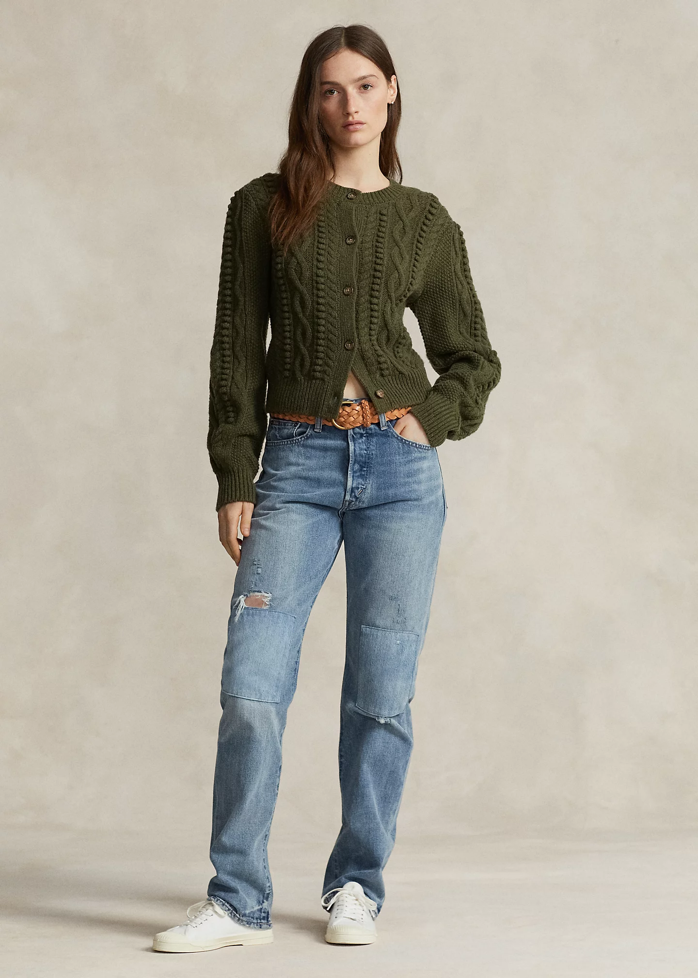 Aran Blouson-Sleeve Wool-Blend Cardigan