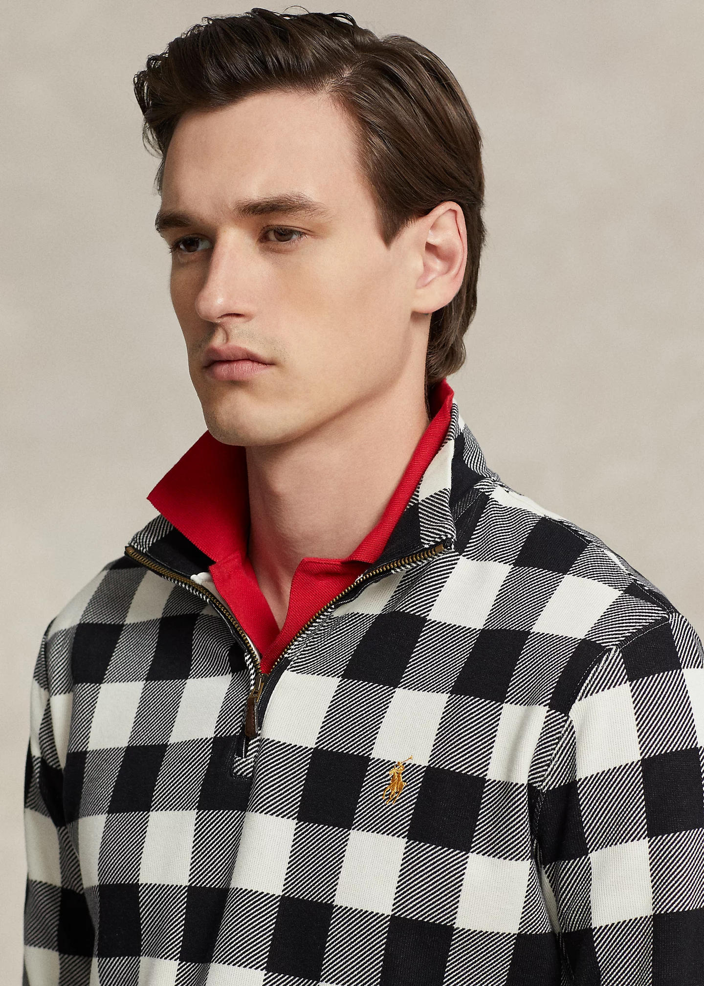 Checked Double-Knit Quarter-Zip Pullover