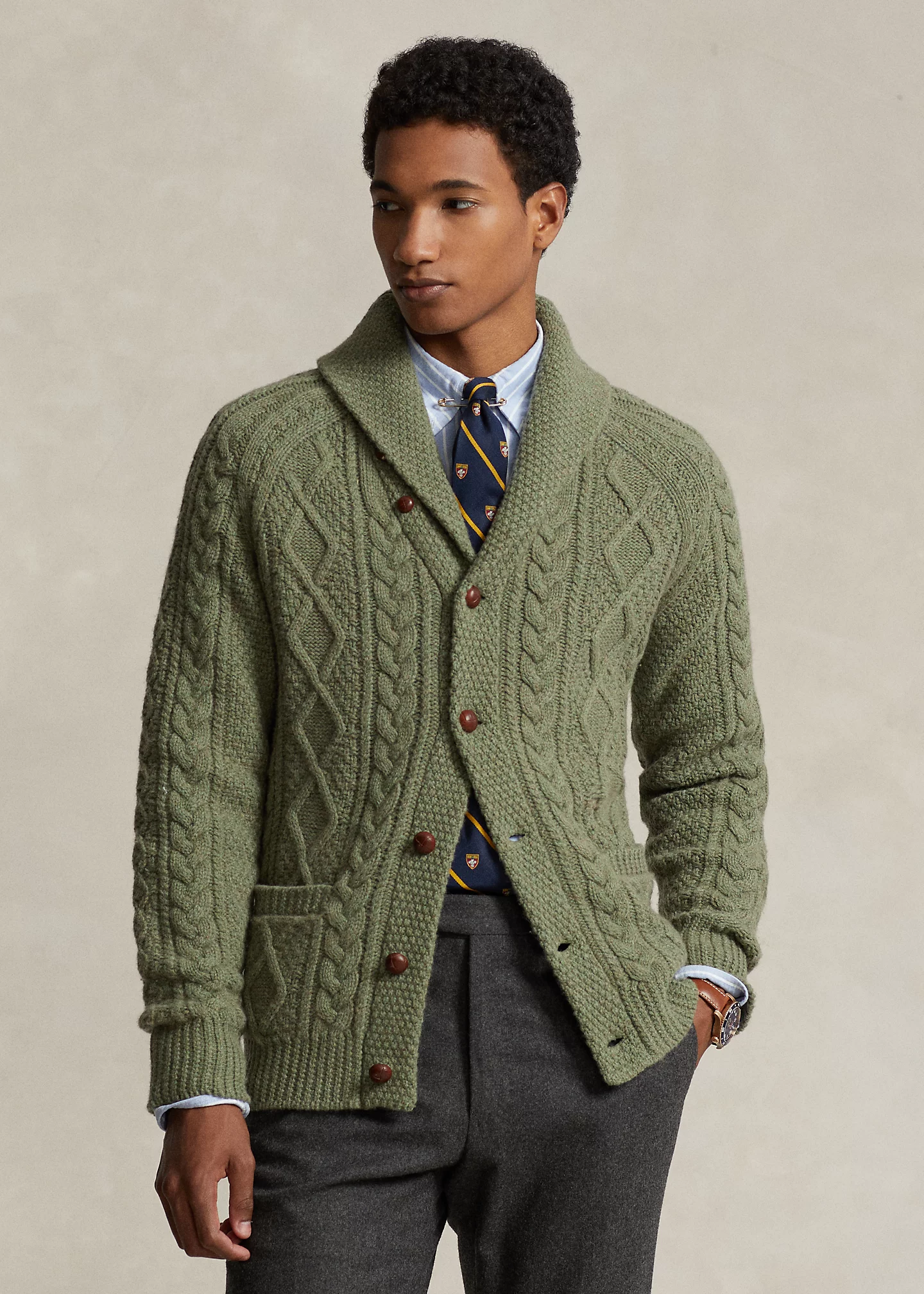 Aran-Knit Wool-Cashmere Shawl Cardigan