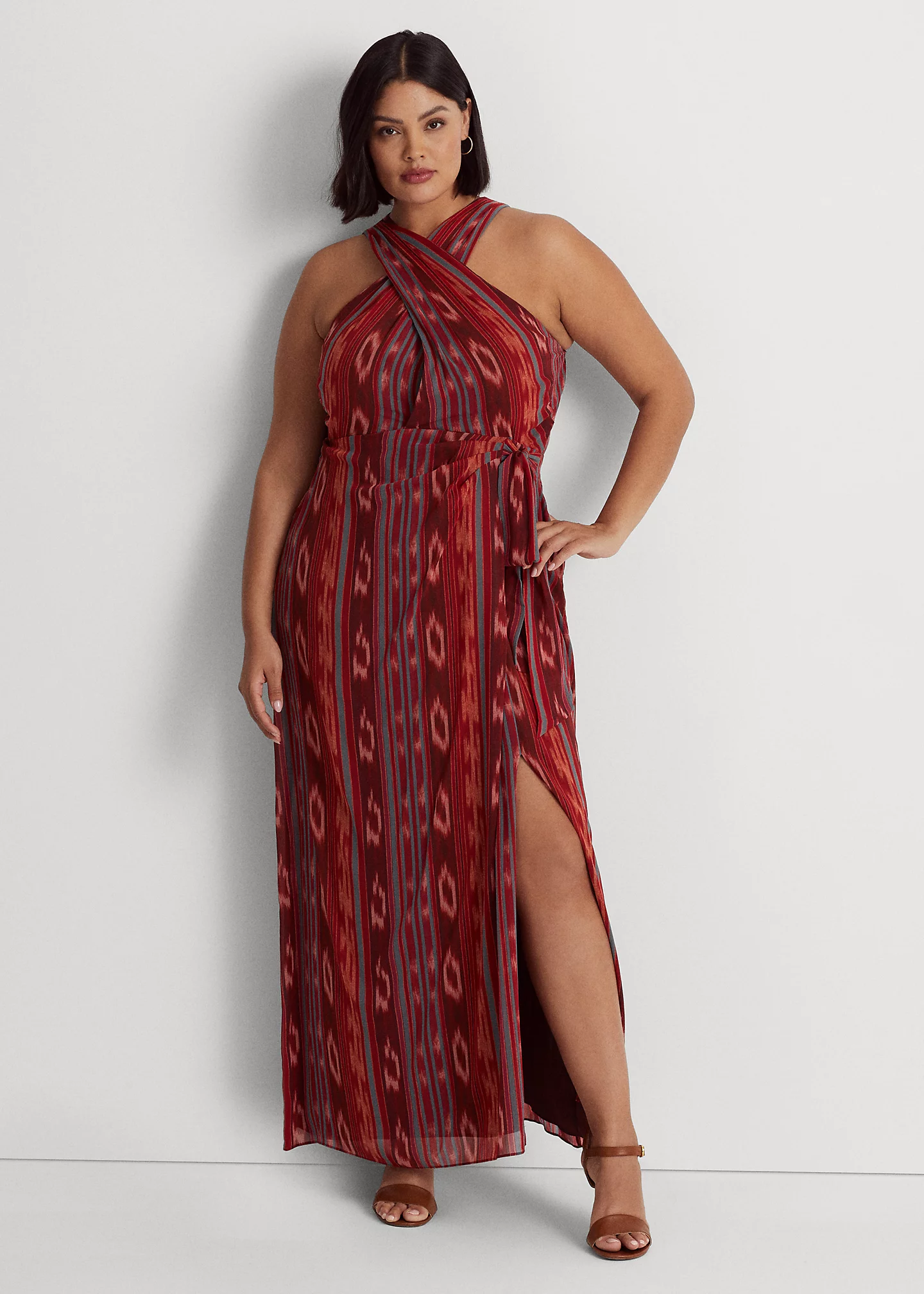 Geo-Striped Georgette Halter Gown