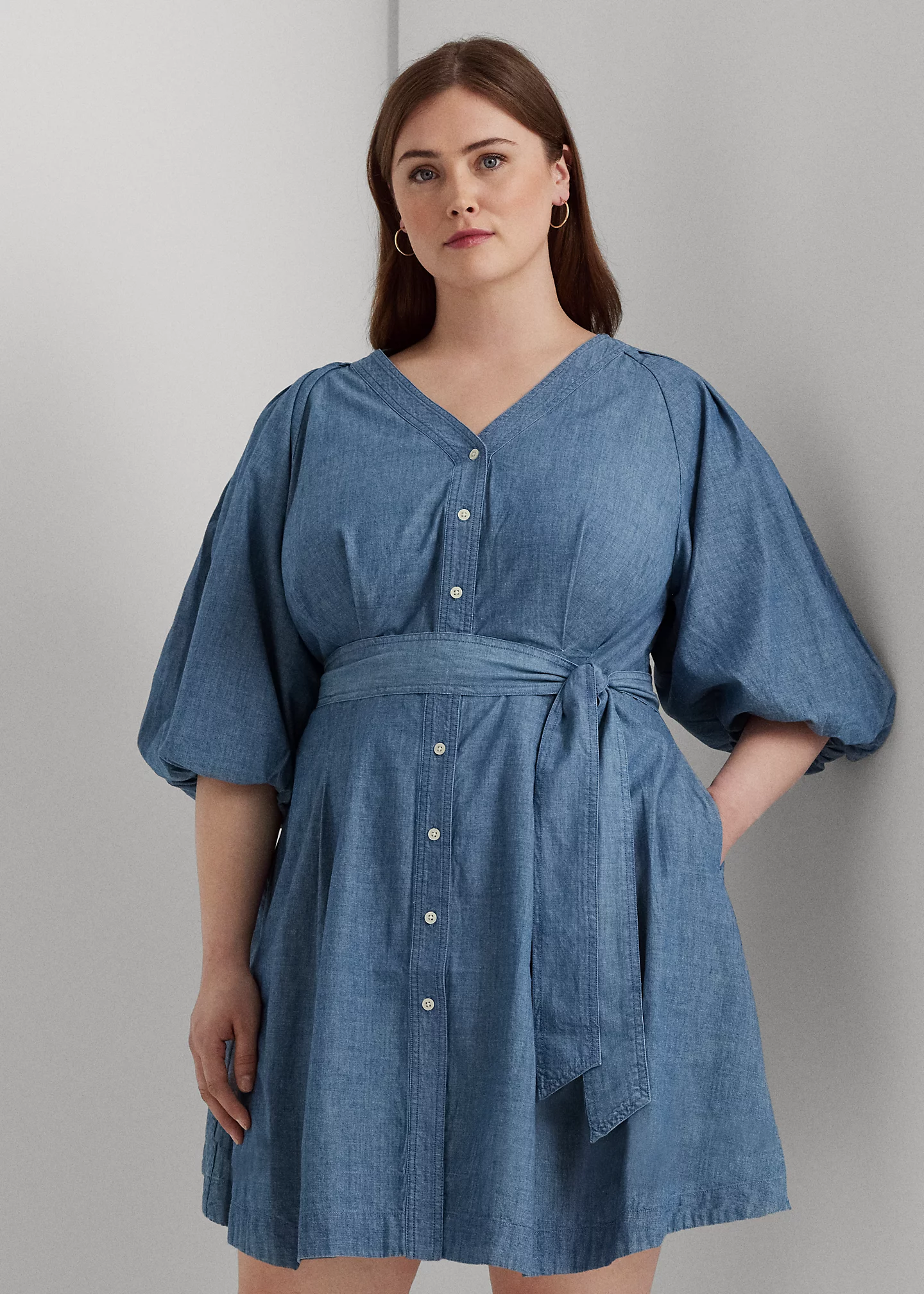 Belted Denim Bubble-Sleeve Shirtdress