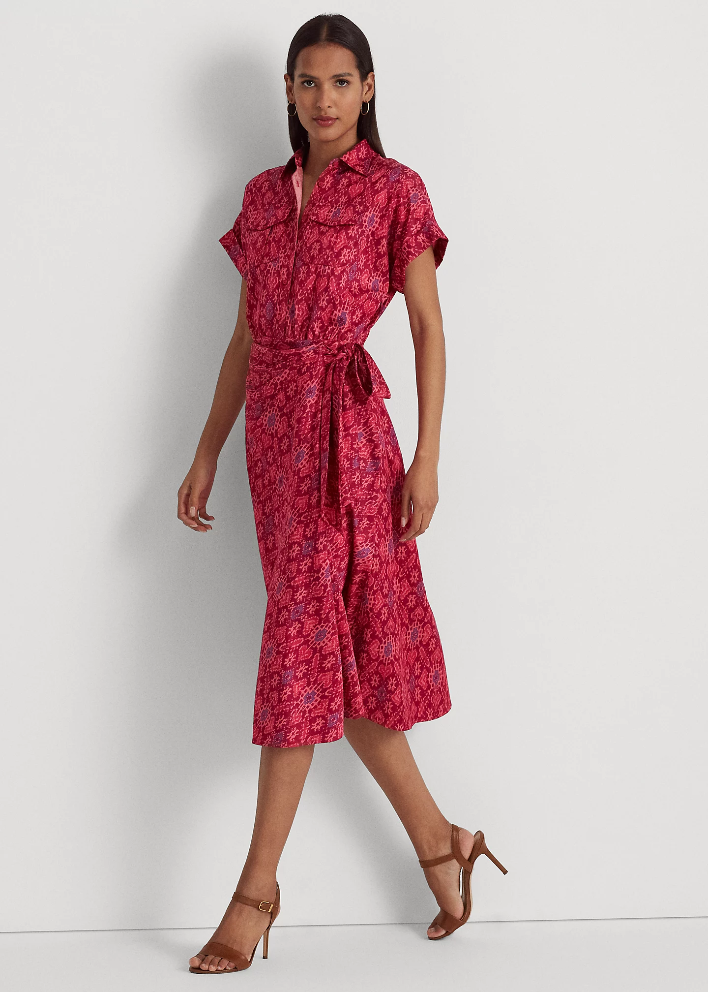 Geo-Print Shantung Tie-Waist Dress