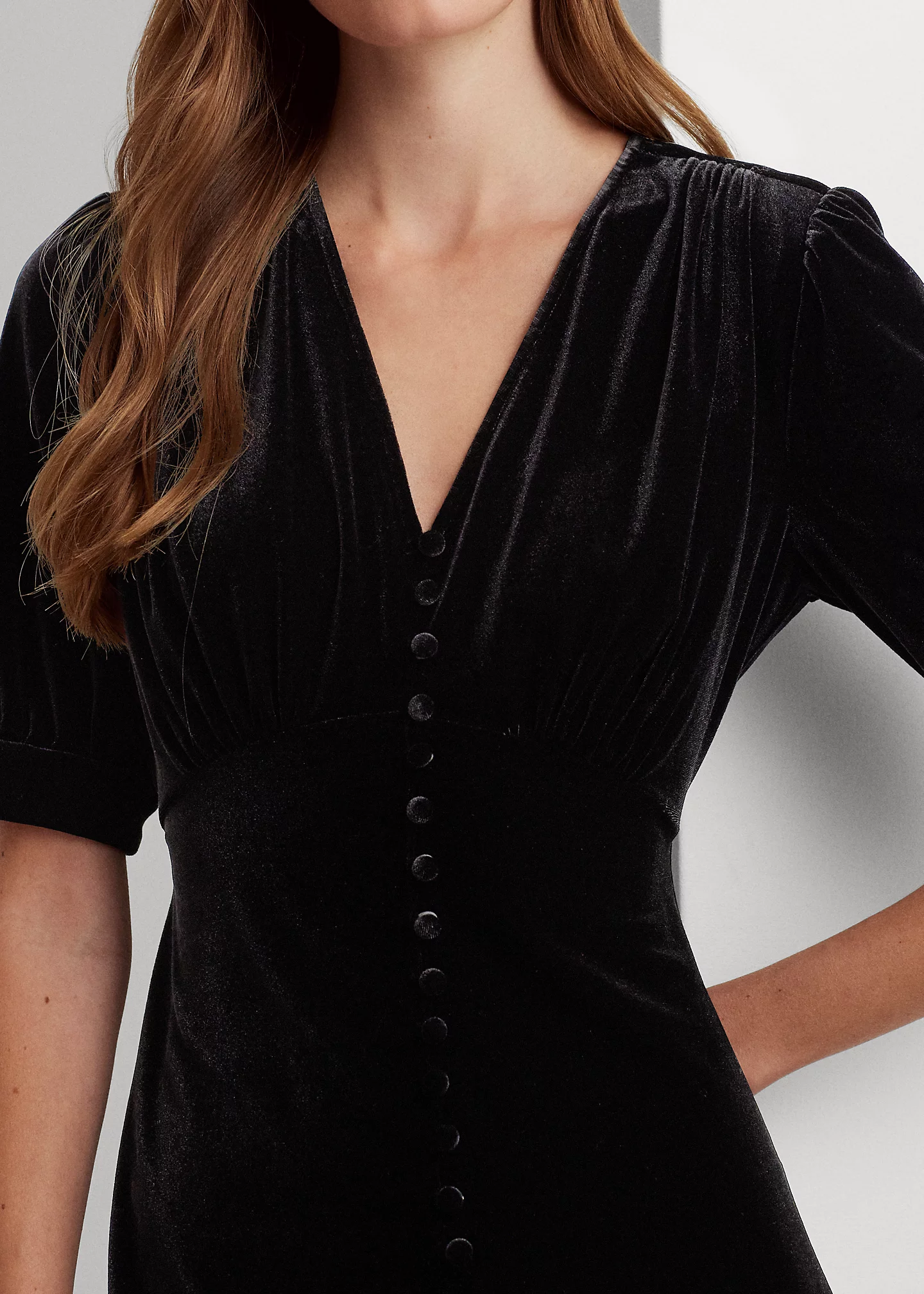 Stretch Velvet Puff-Sleeve Midi Dress