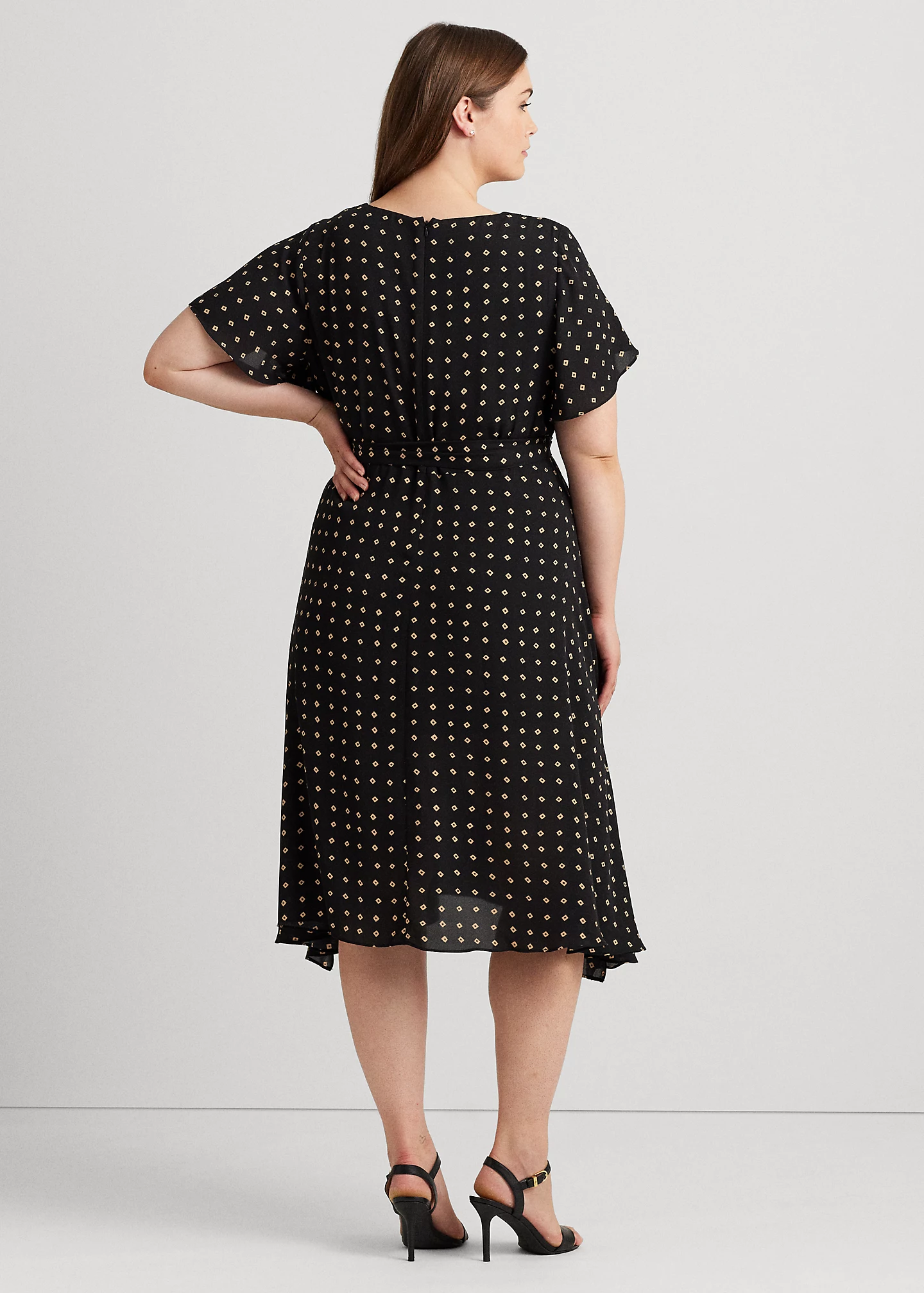 Geo-Print Crepe Flutter-Sleeve Dress