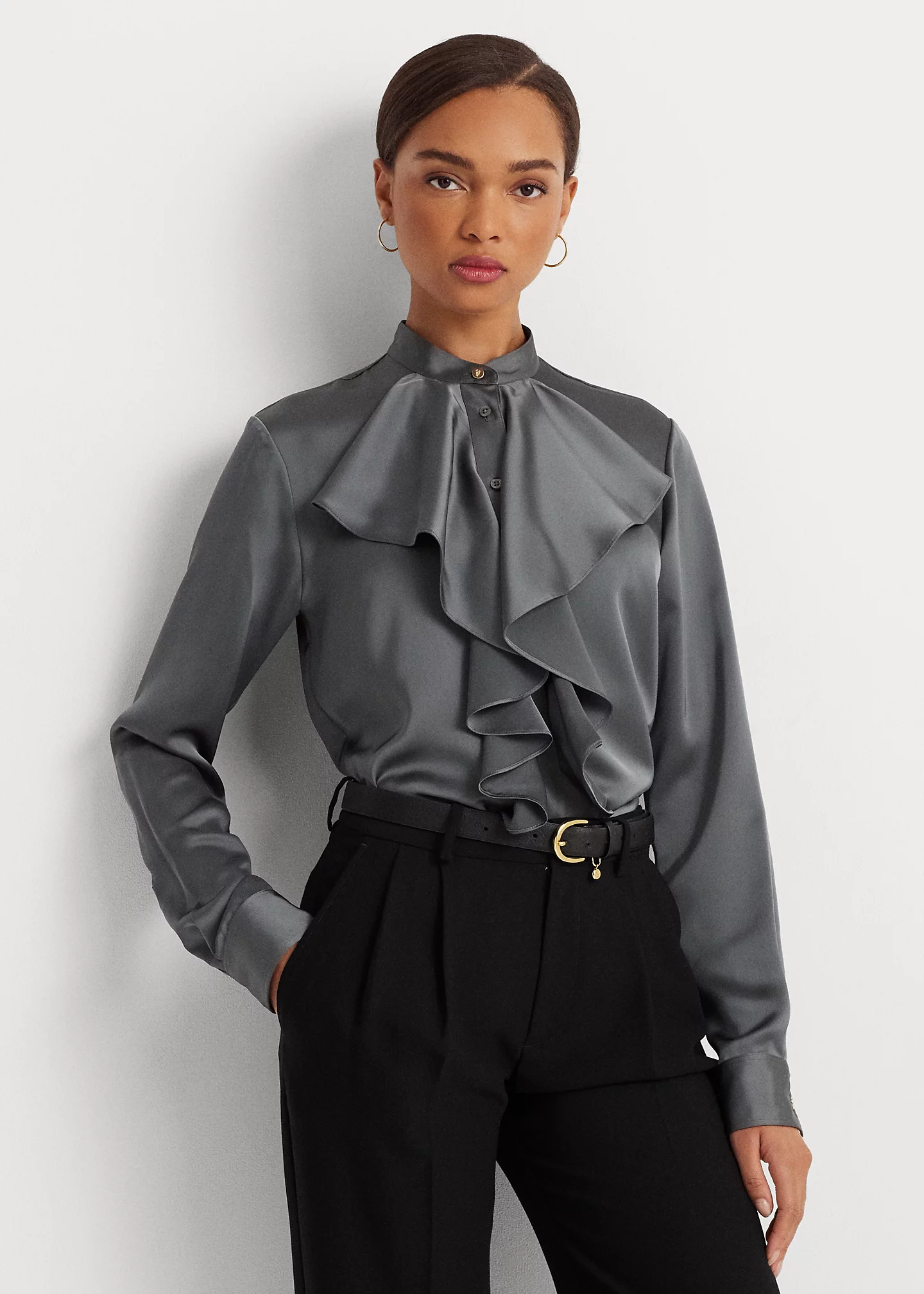 Ruffle-Trim Satin Charmeuse Shirt