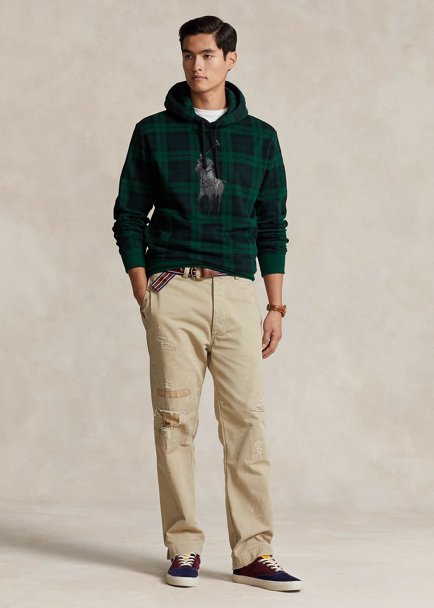 Leather-Pony Plaid Fleece Hoodie