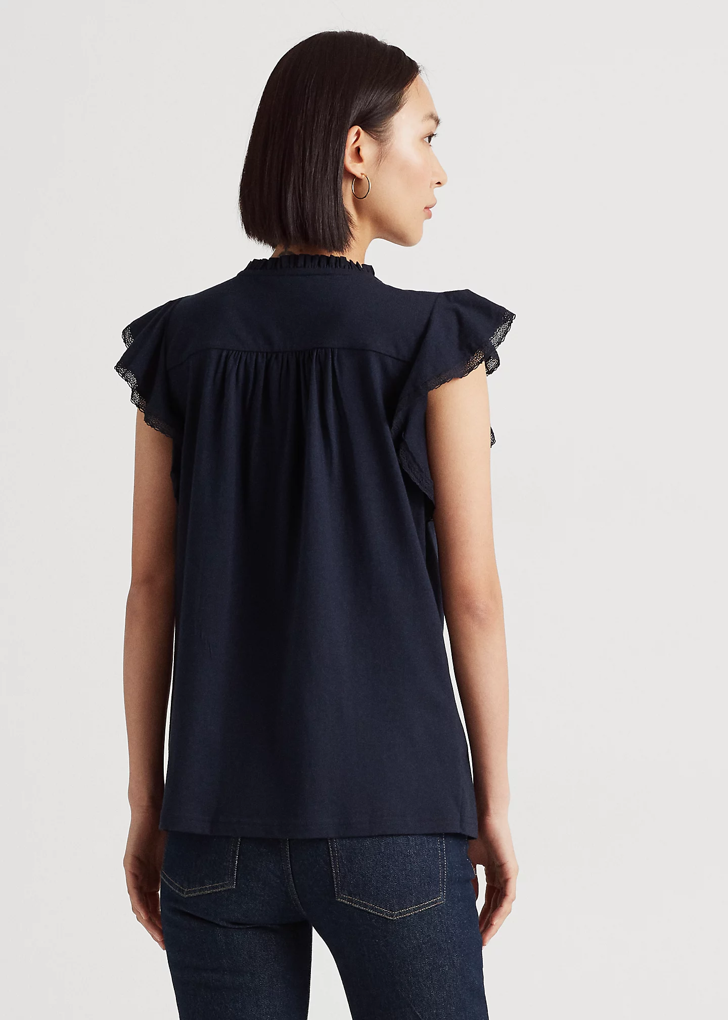 Lace-Trim Jersey Flutter-Sleeve Blouse