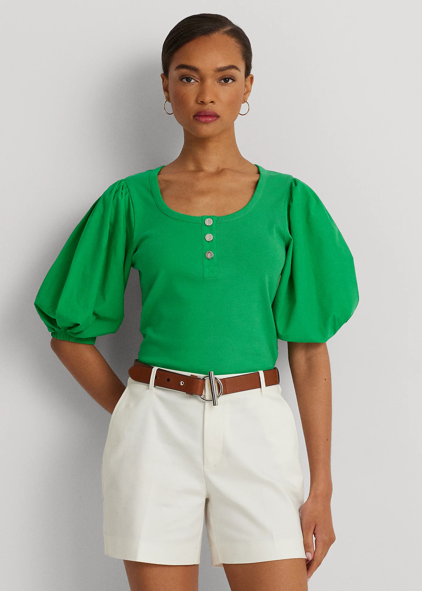 Stretch Cotton Puff-Sleeve Henley Tee