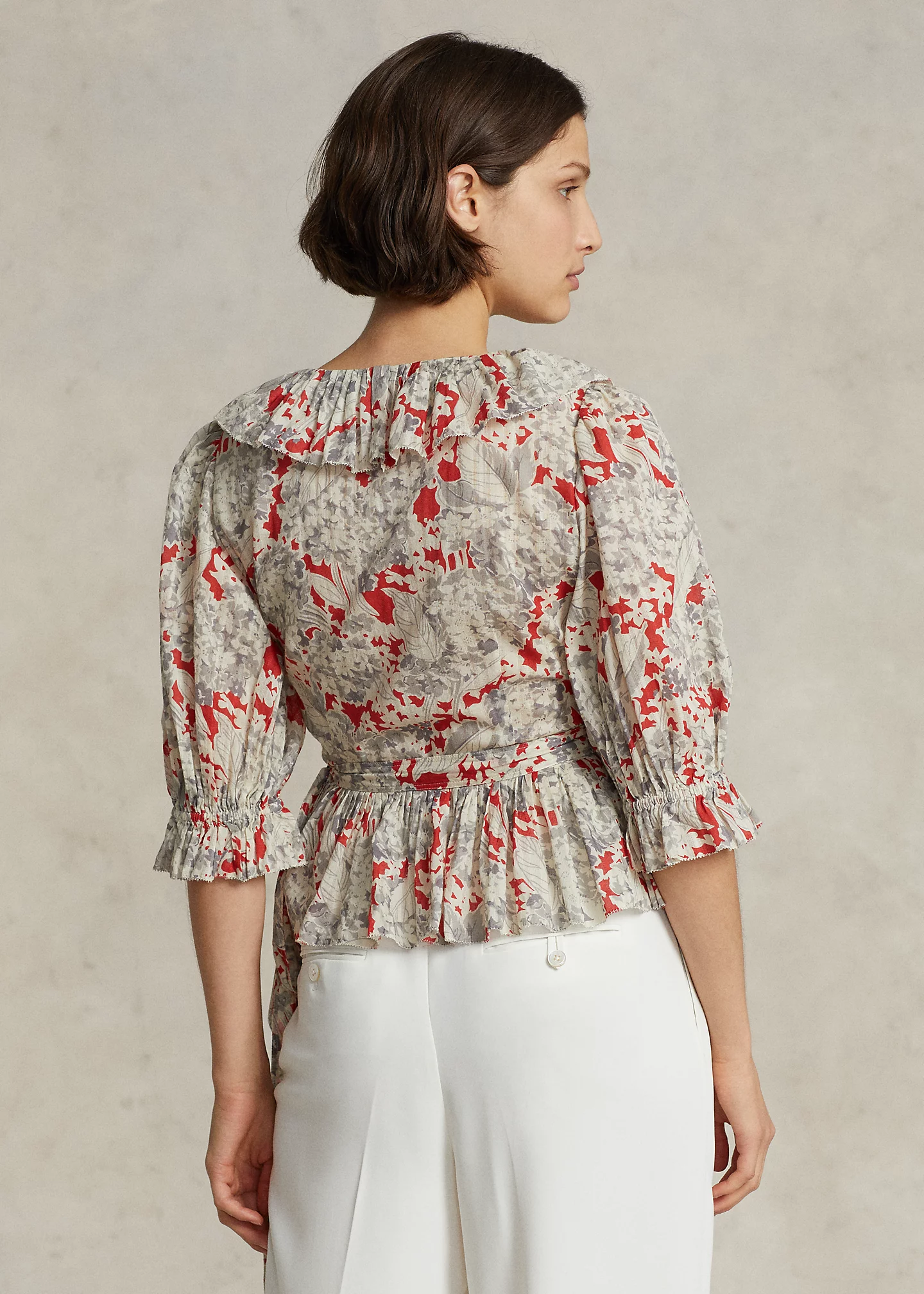 Ruffled Floral Cotton Wrap Top
