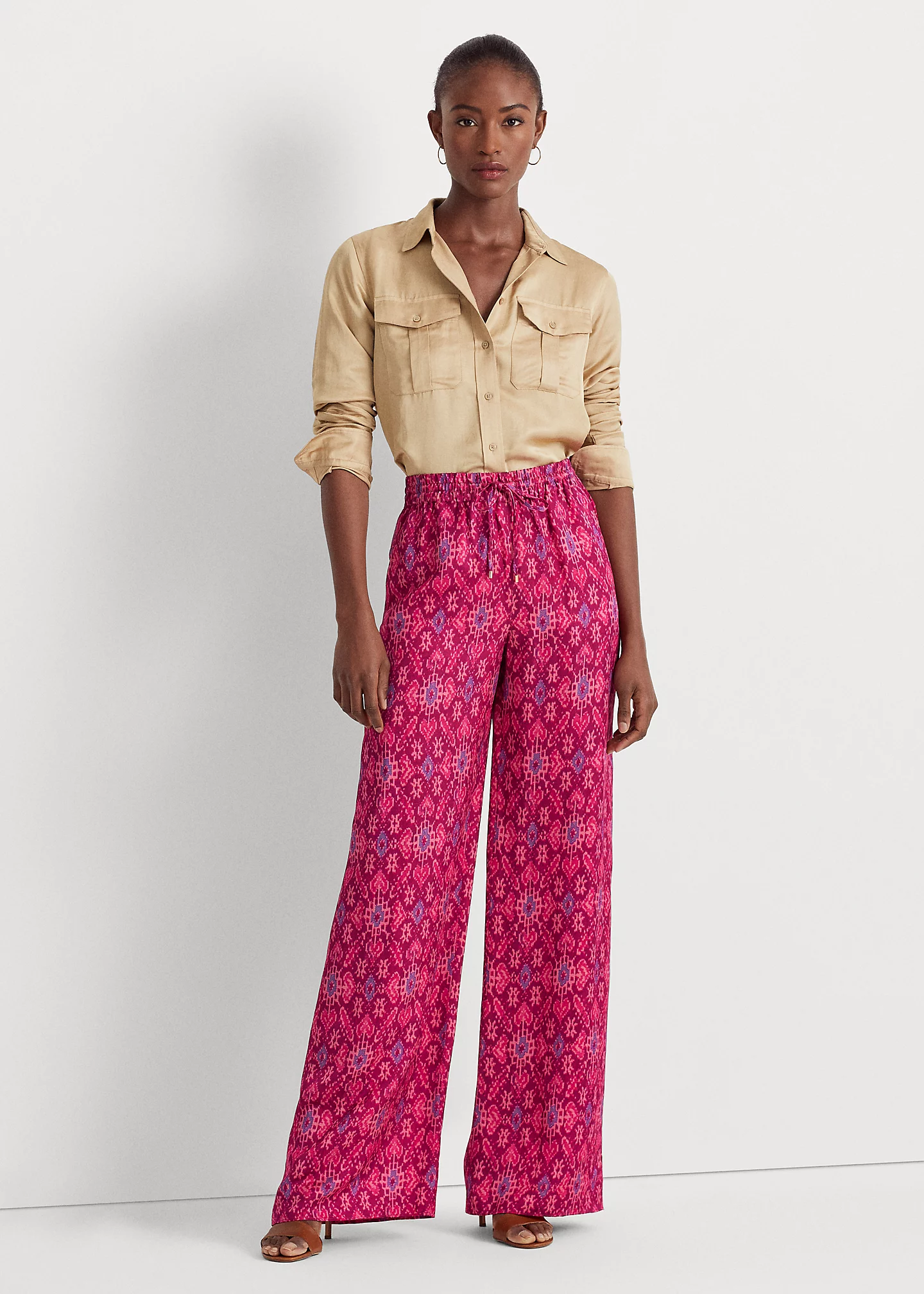 Geo-Print Satin Shantung Wide-Leg Pant