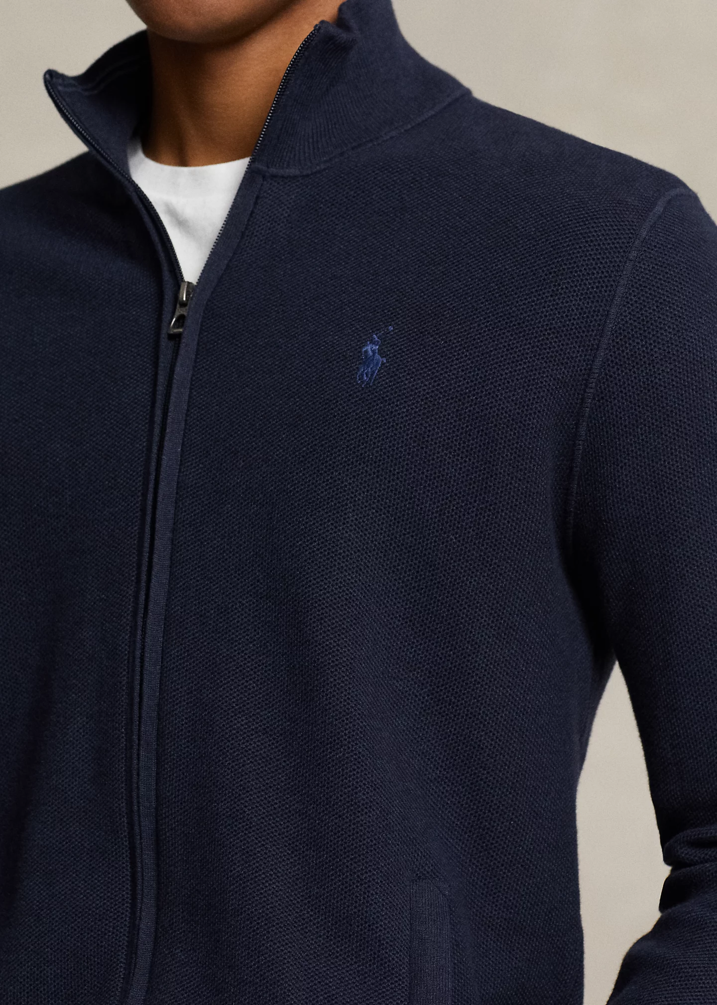 Mesh-Knit Cotton Full-Zip Sweater