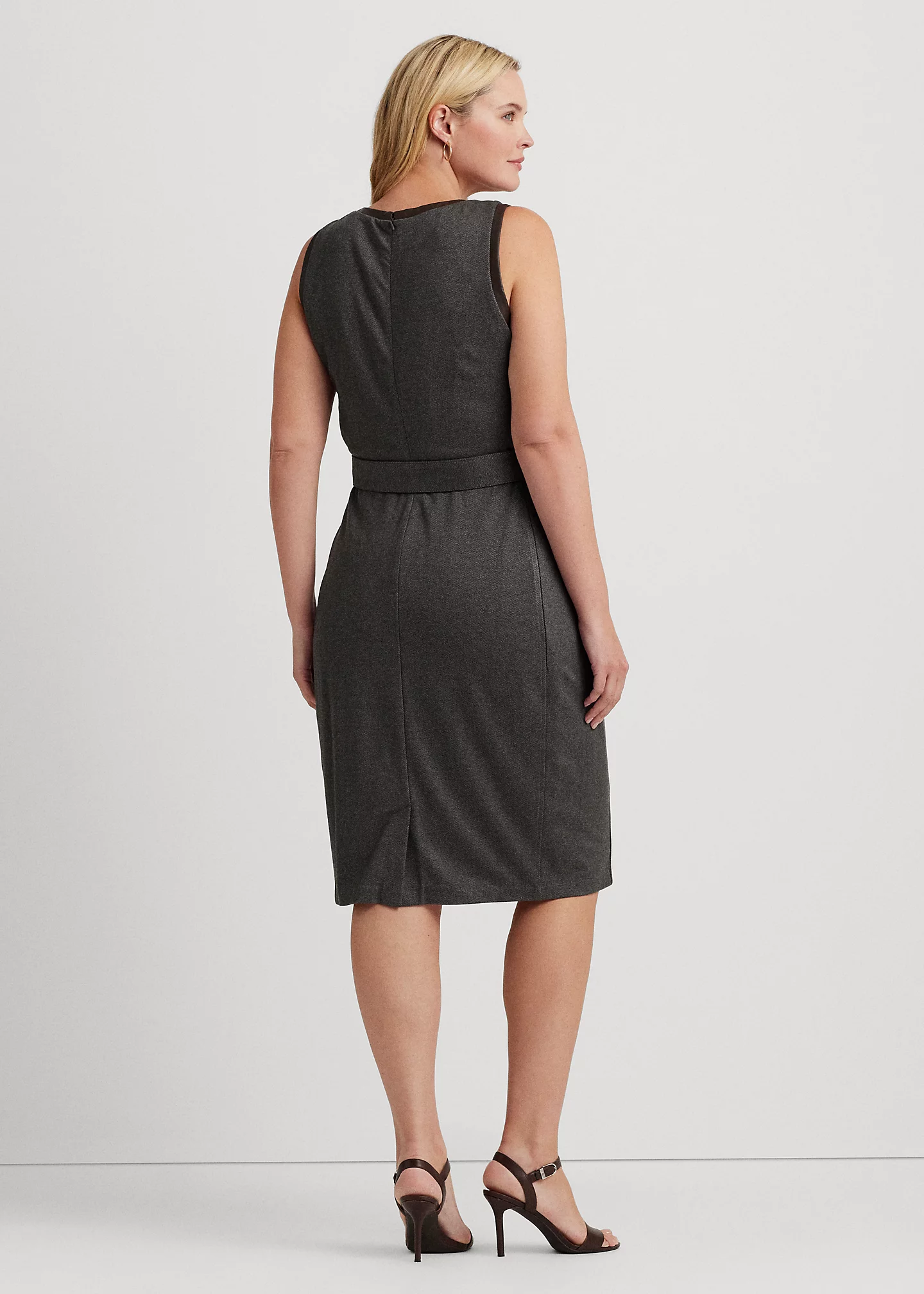 Faux-Leather-Trim Belted Jacquard Dress