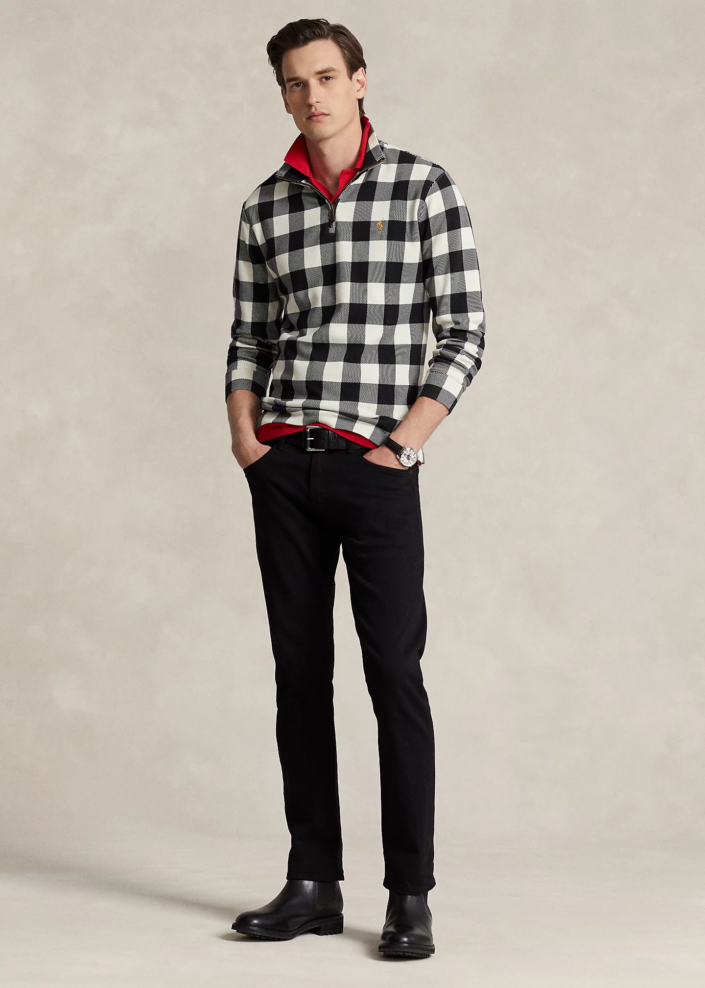 Checked Double-Knit Quarter-Zip Pullover