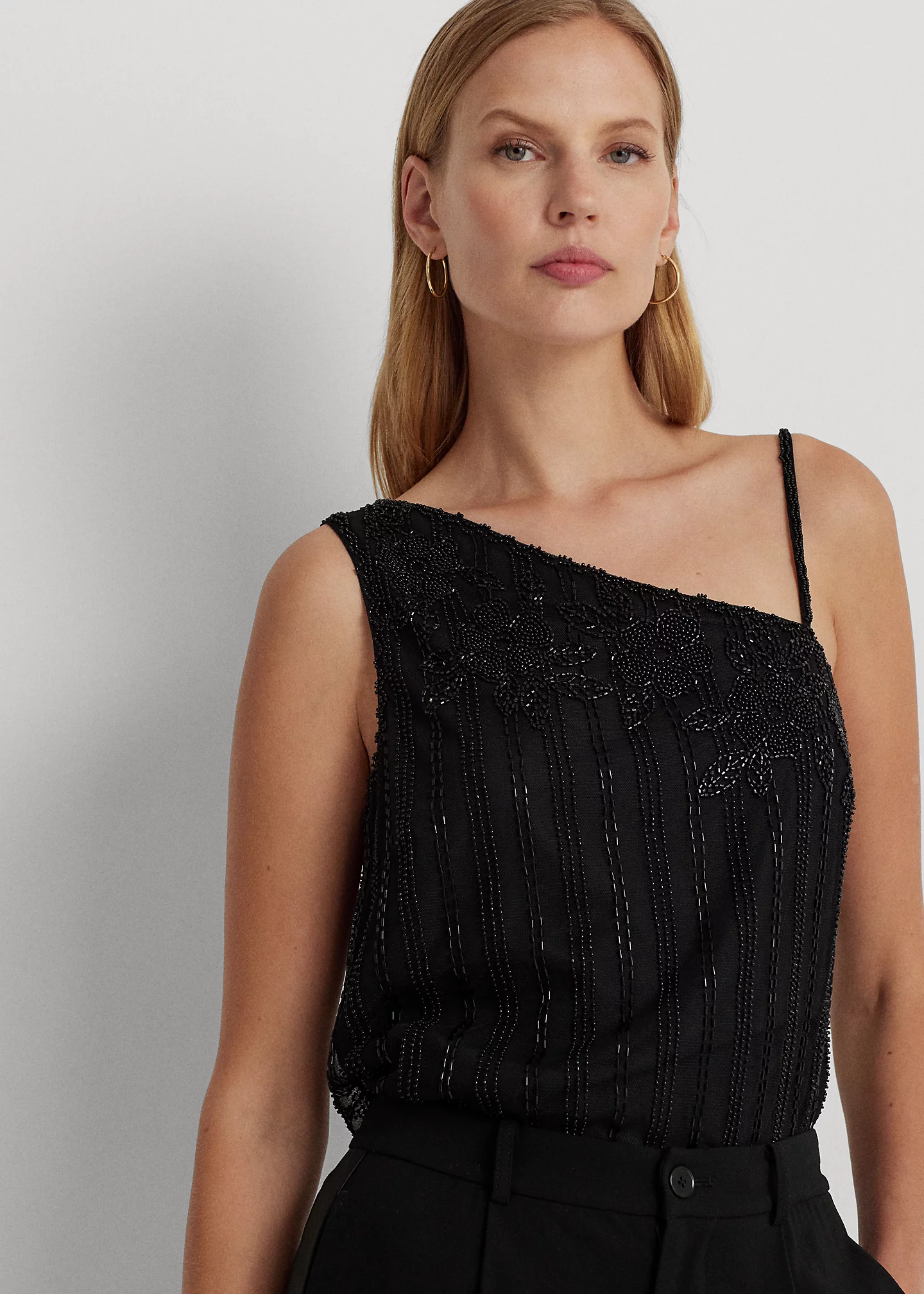 Beaded Mesh One-Shoulder Camisole