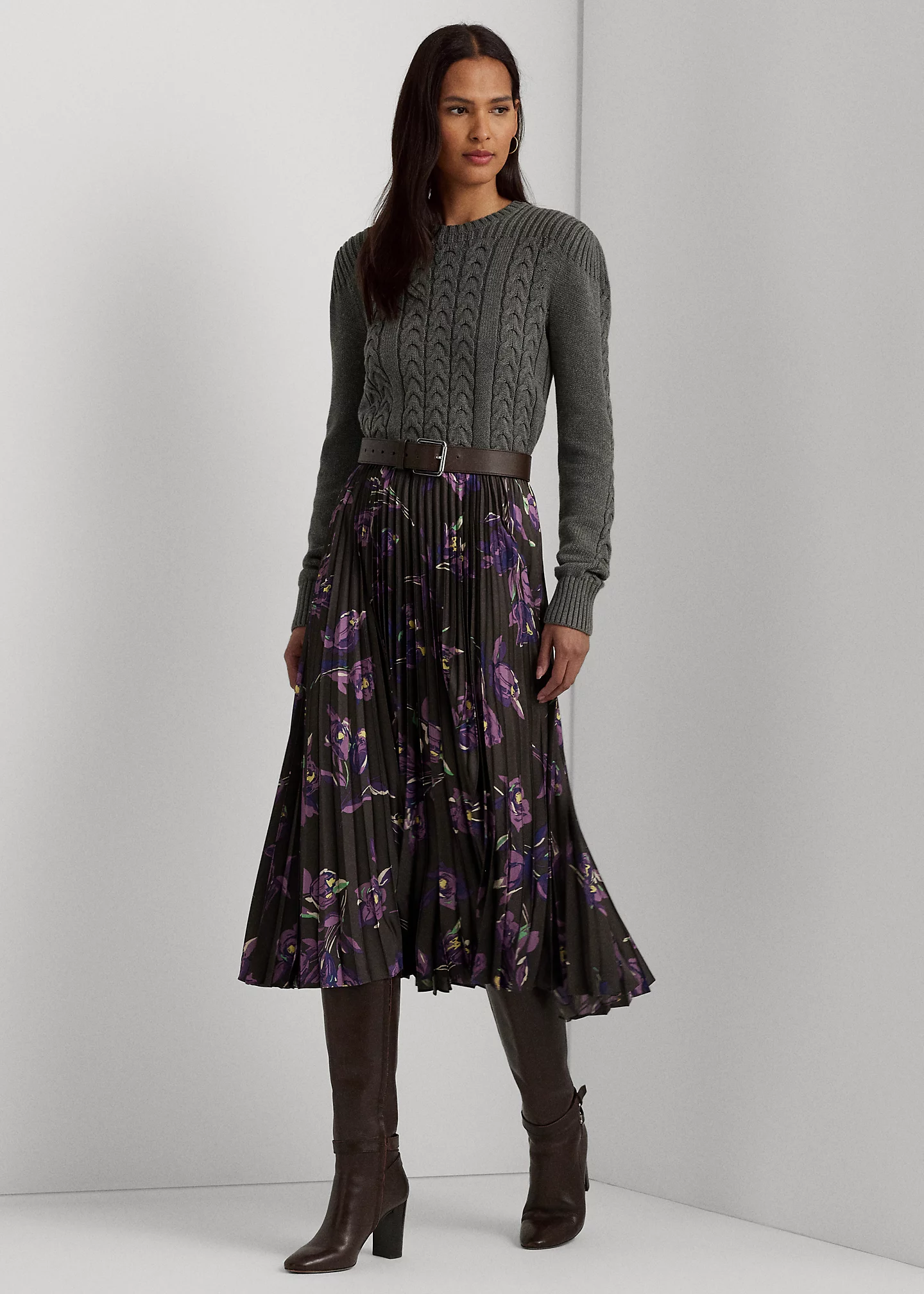 Floral Pleated Satin Charmeuse Skirt