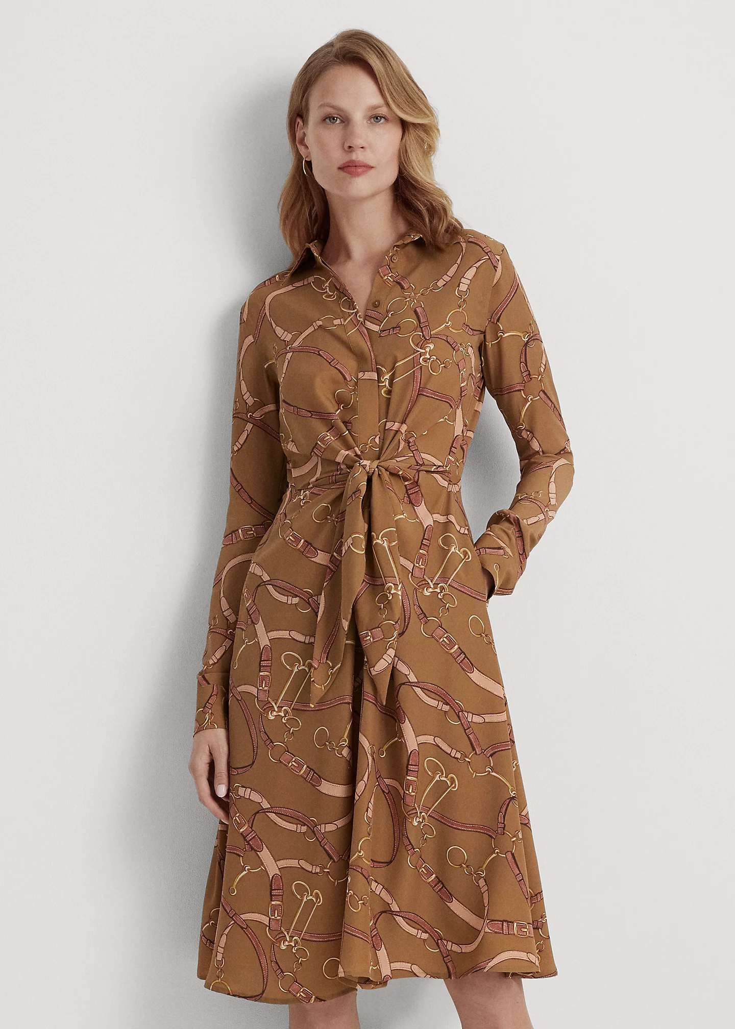 Belting-Print Tie-Front Crepe Shirtdress
