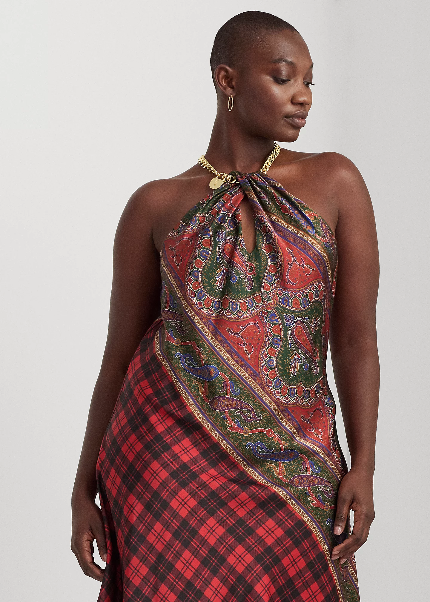 Plaid-Paisley Charmeuse Halter Dress