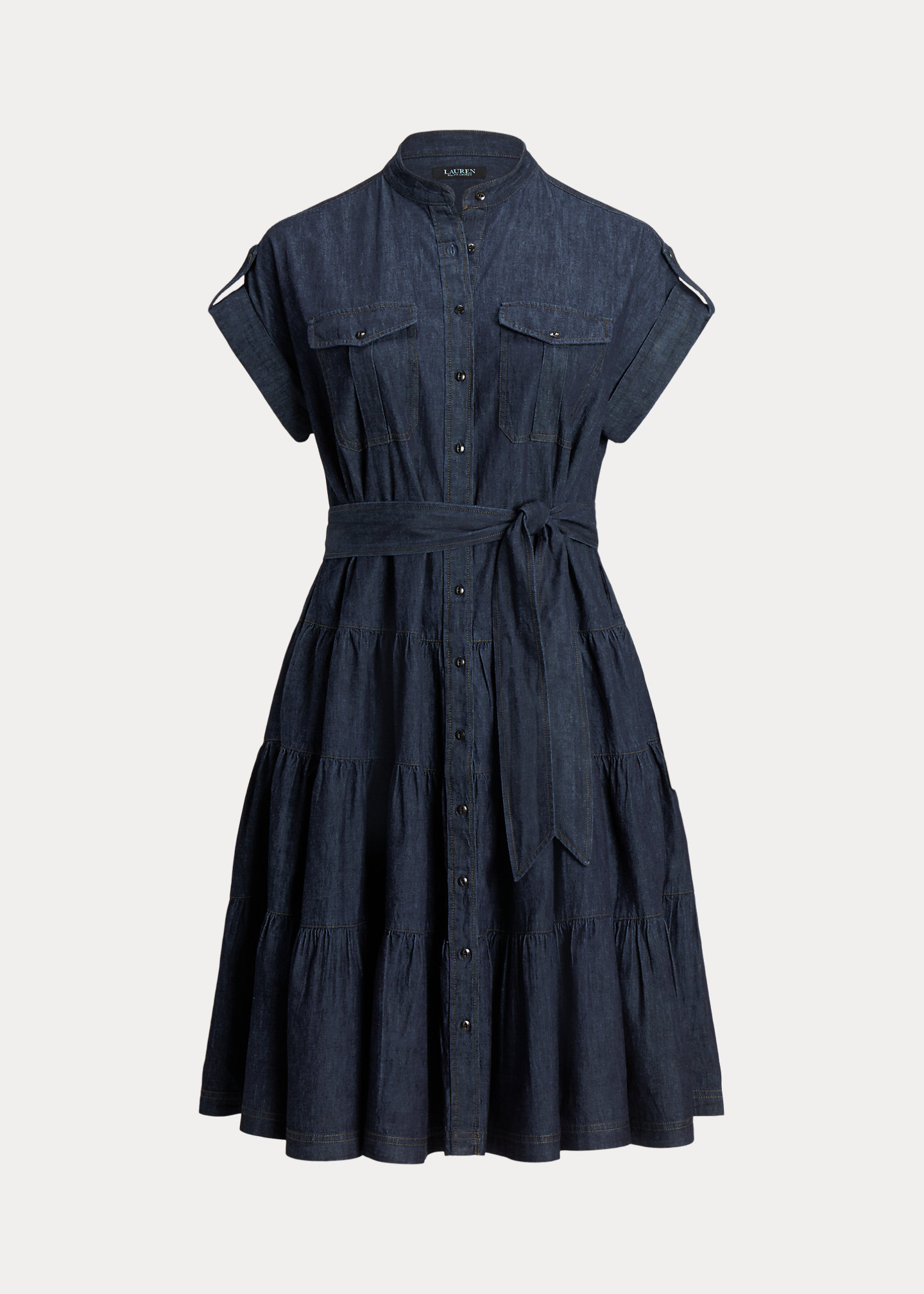 Belted Denim Tiered Shirtdress
