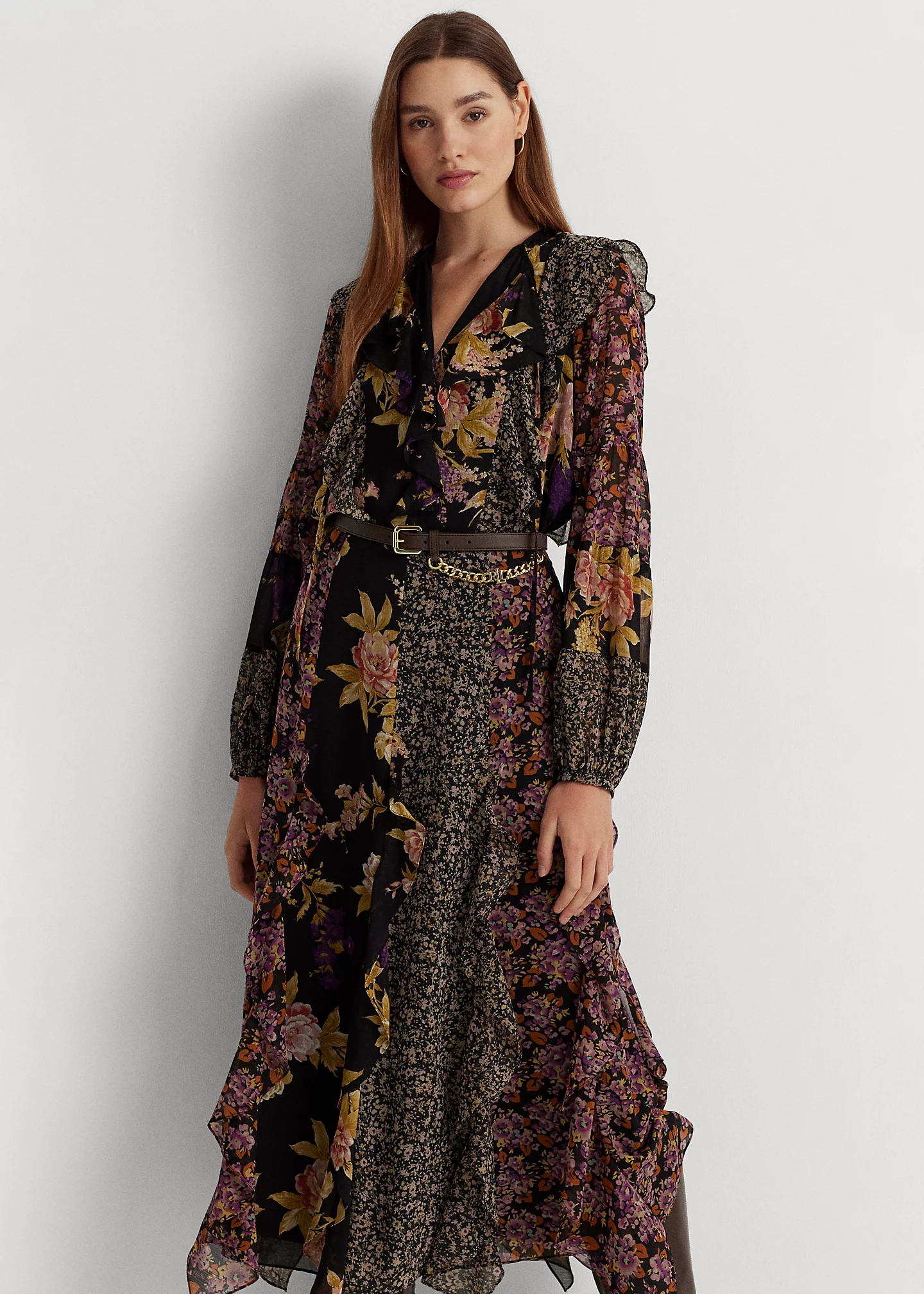 Mixed-Floral Ruffle-Trim Georgette Skirt