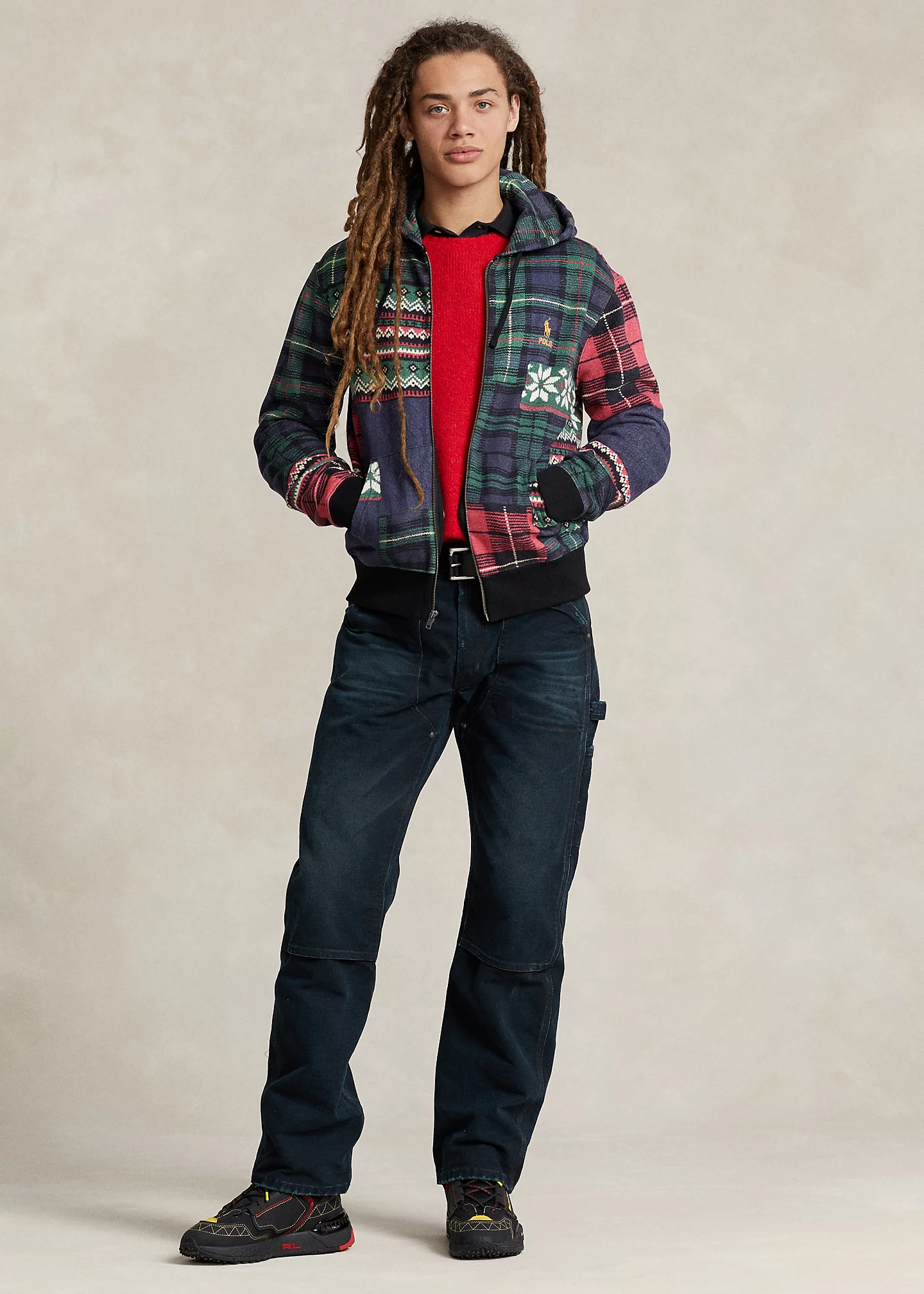 Patchwork-Print Fleece Full-Zip Hoodie